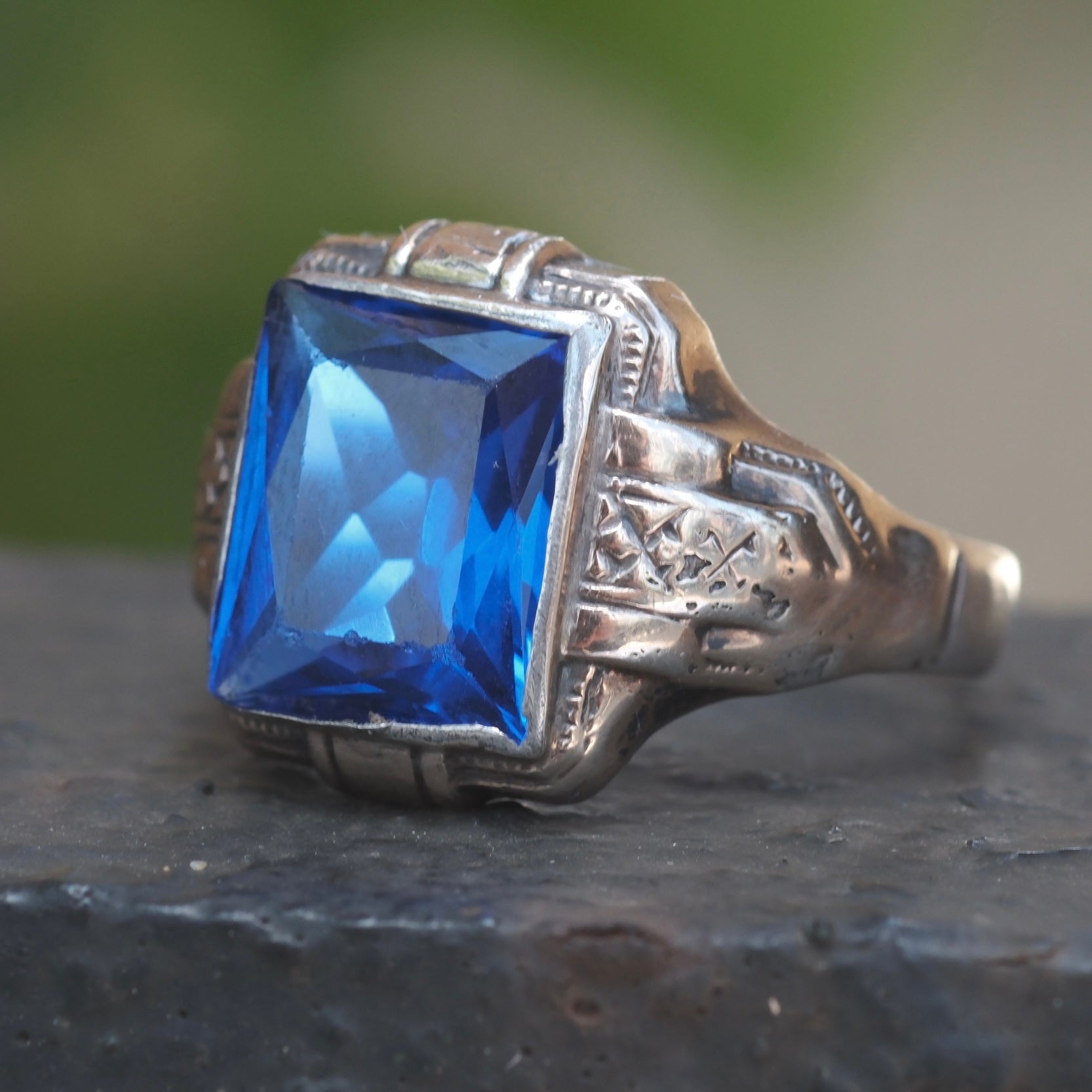 Vintage Sterling Blue Glass Signet Ring 10.25