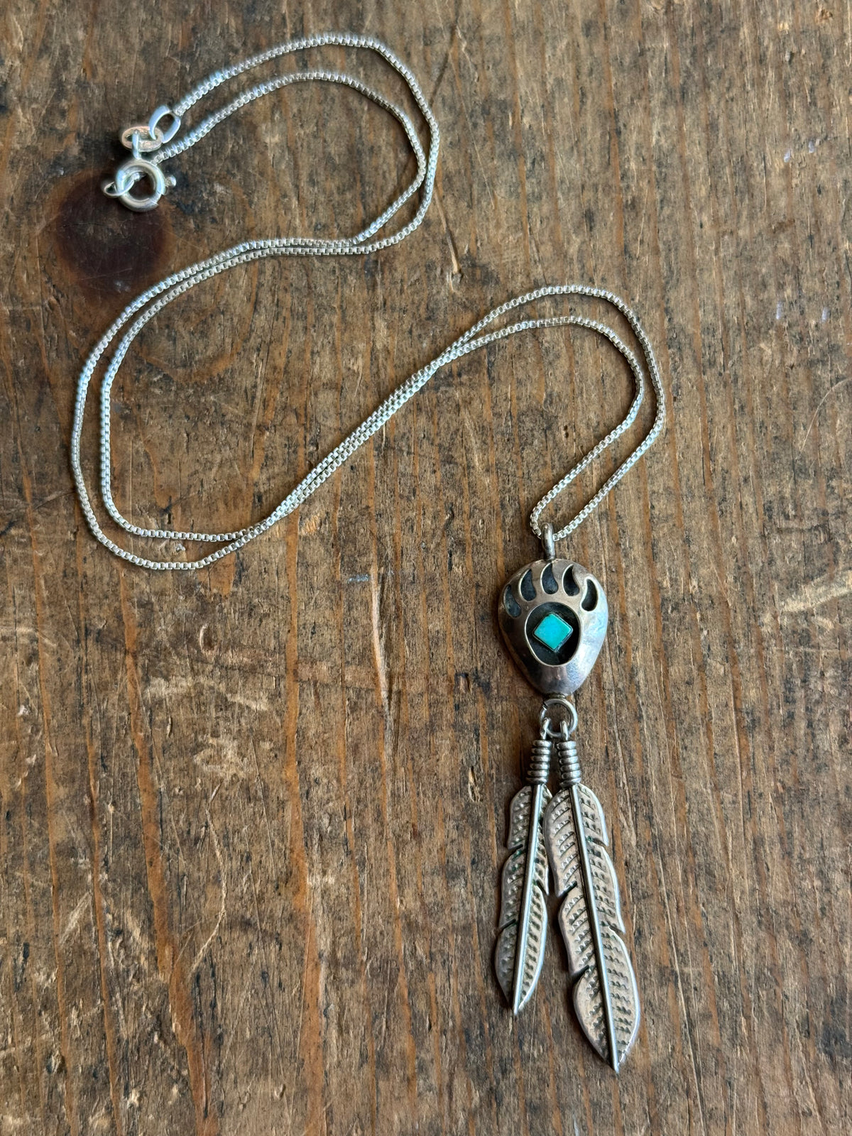 Vintage Sterling Silver Turquoise Feather Shadowbox Necklace