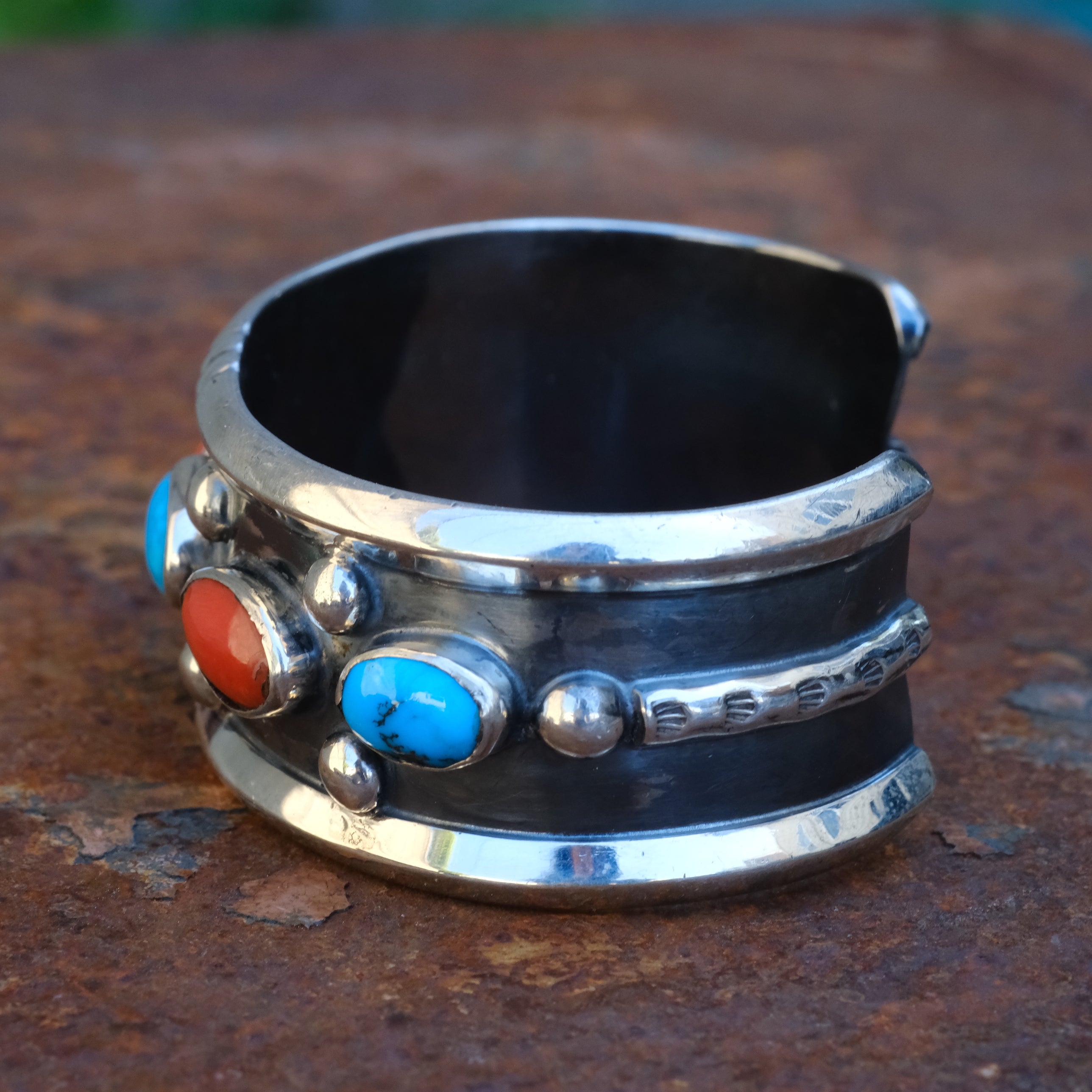Vintage Sterling Turquoise and Coral Cuff Bracelet