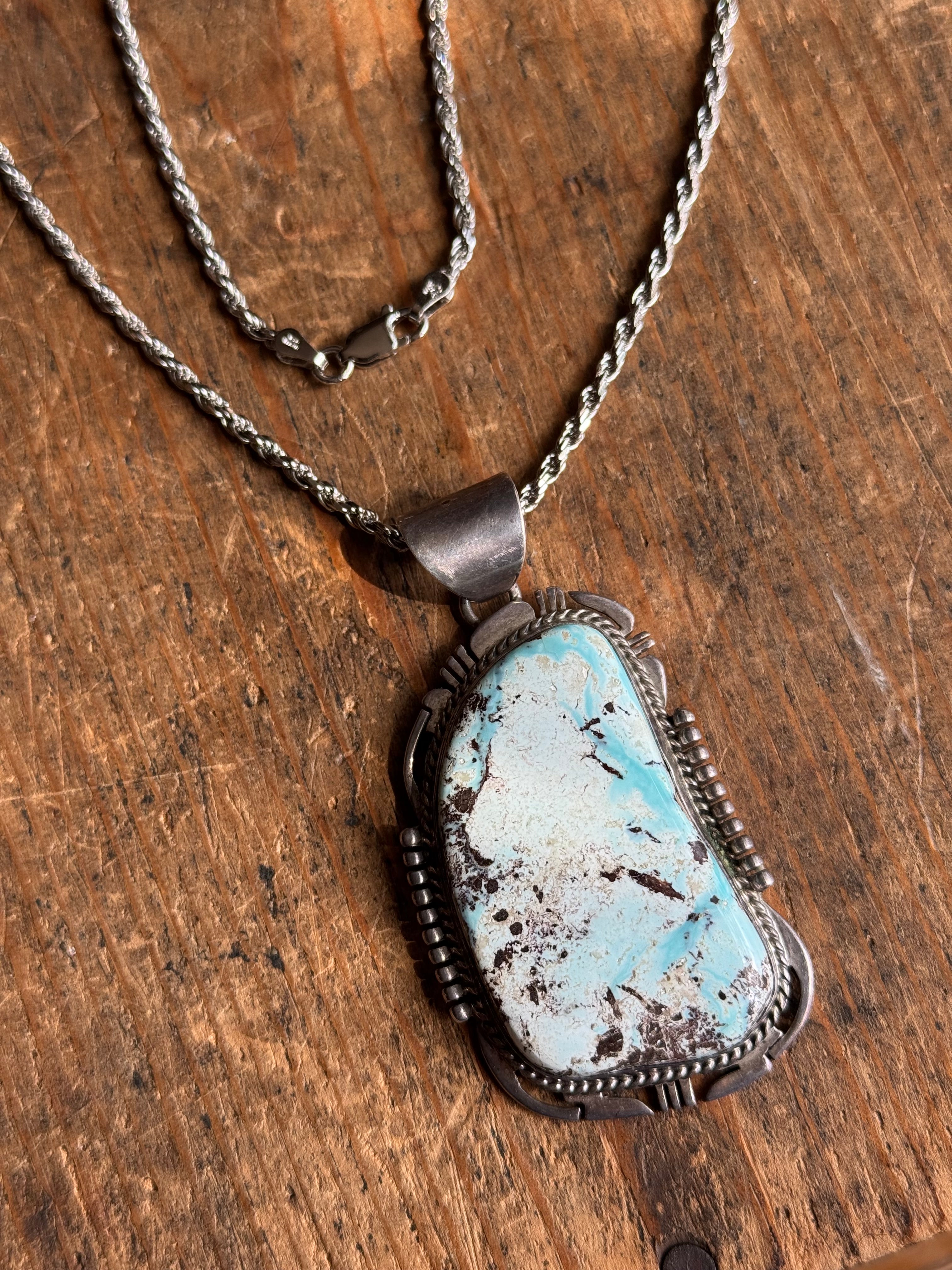 HUGE Vintage Sterling Silver Turquoise Sawcut 24" Necklace
