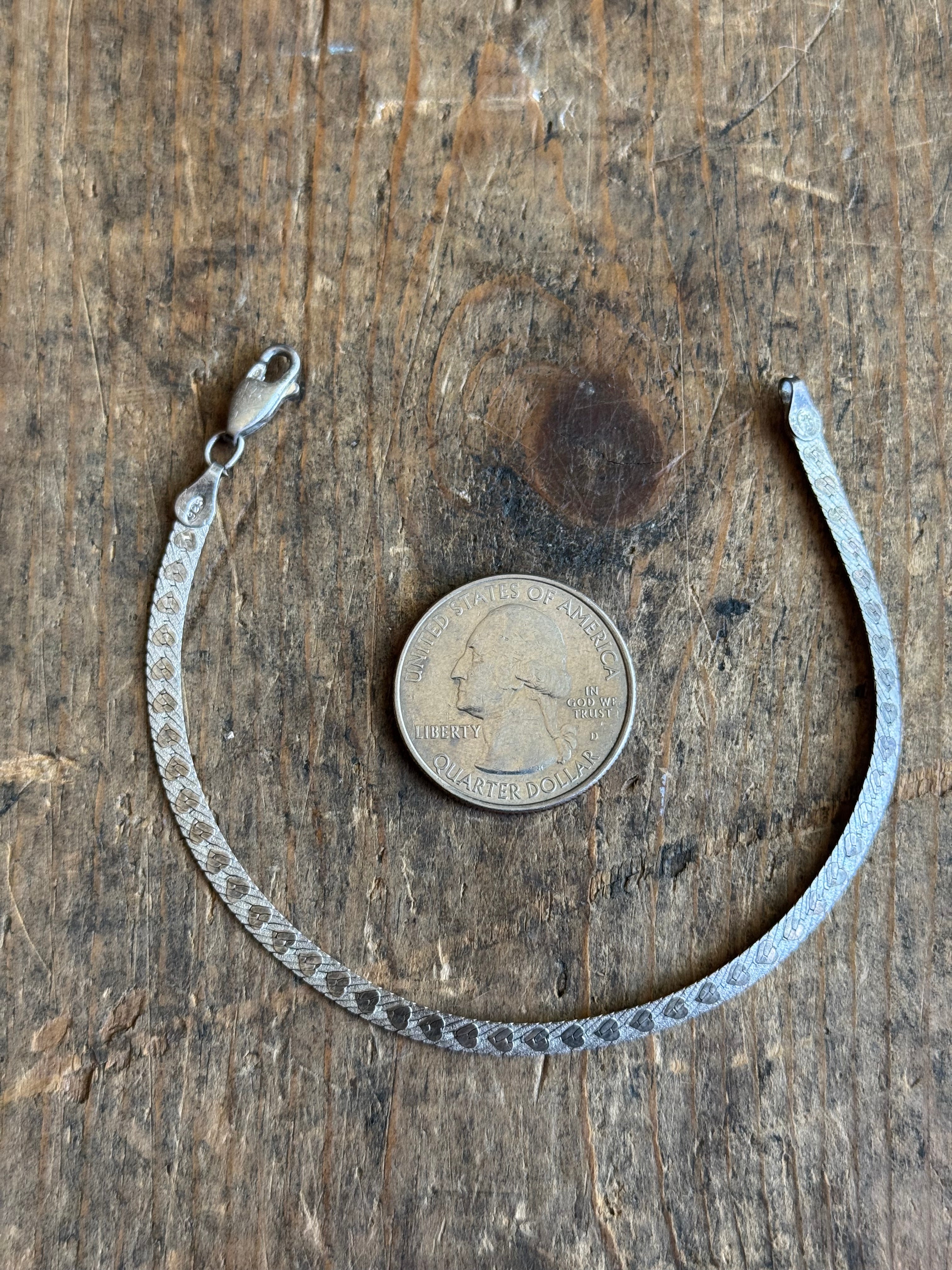 Vintage Sterling Silver Heart Etched Herringbone Chain Bracelet 7"