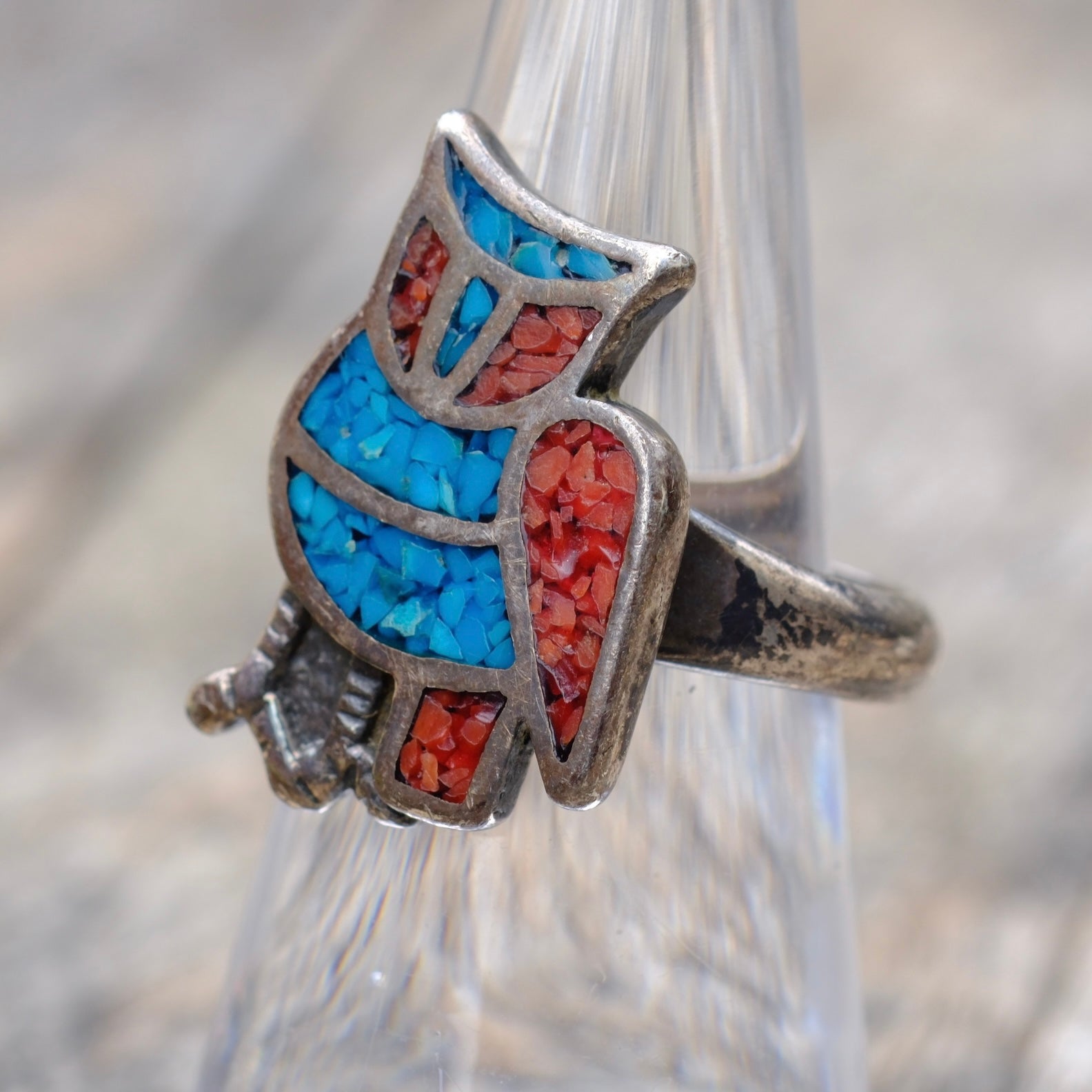 Vintage Sterling Turquoise and Coral Inlay Owl Ring 6