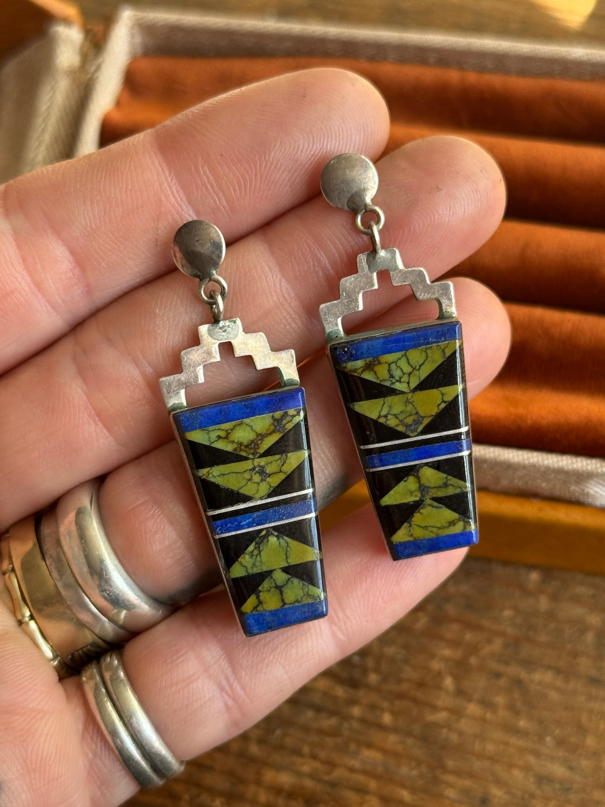 Vintage Sterling Silver Multistone Inlay Shield Earrings