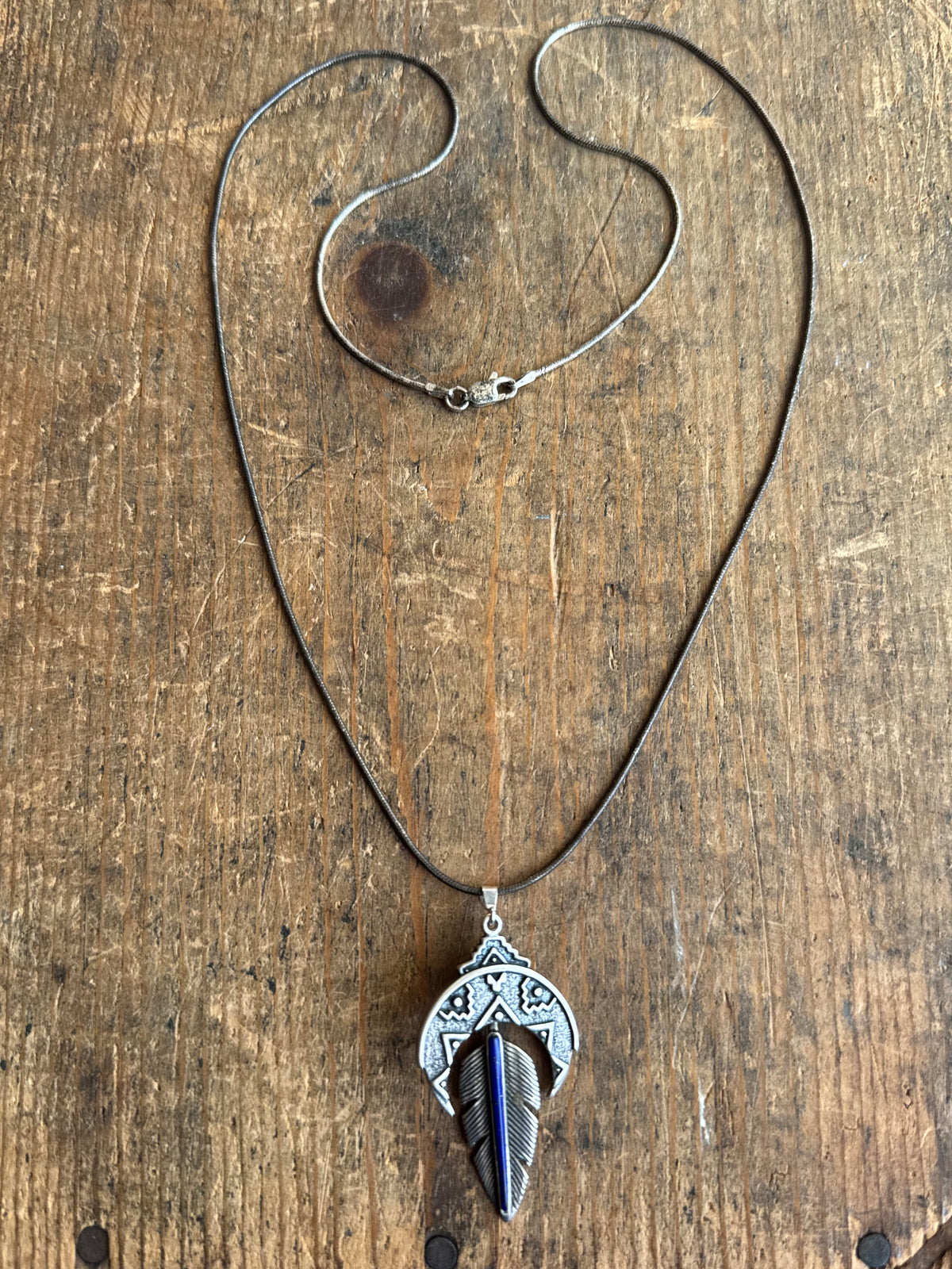 Vintage Sterling Silver Lapis Crescent Leaf Necklace