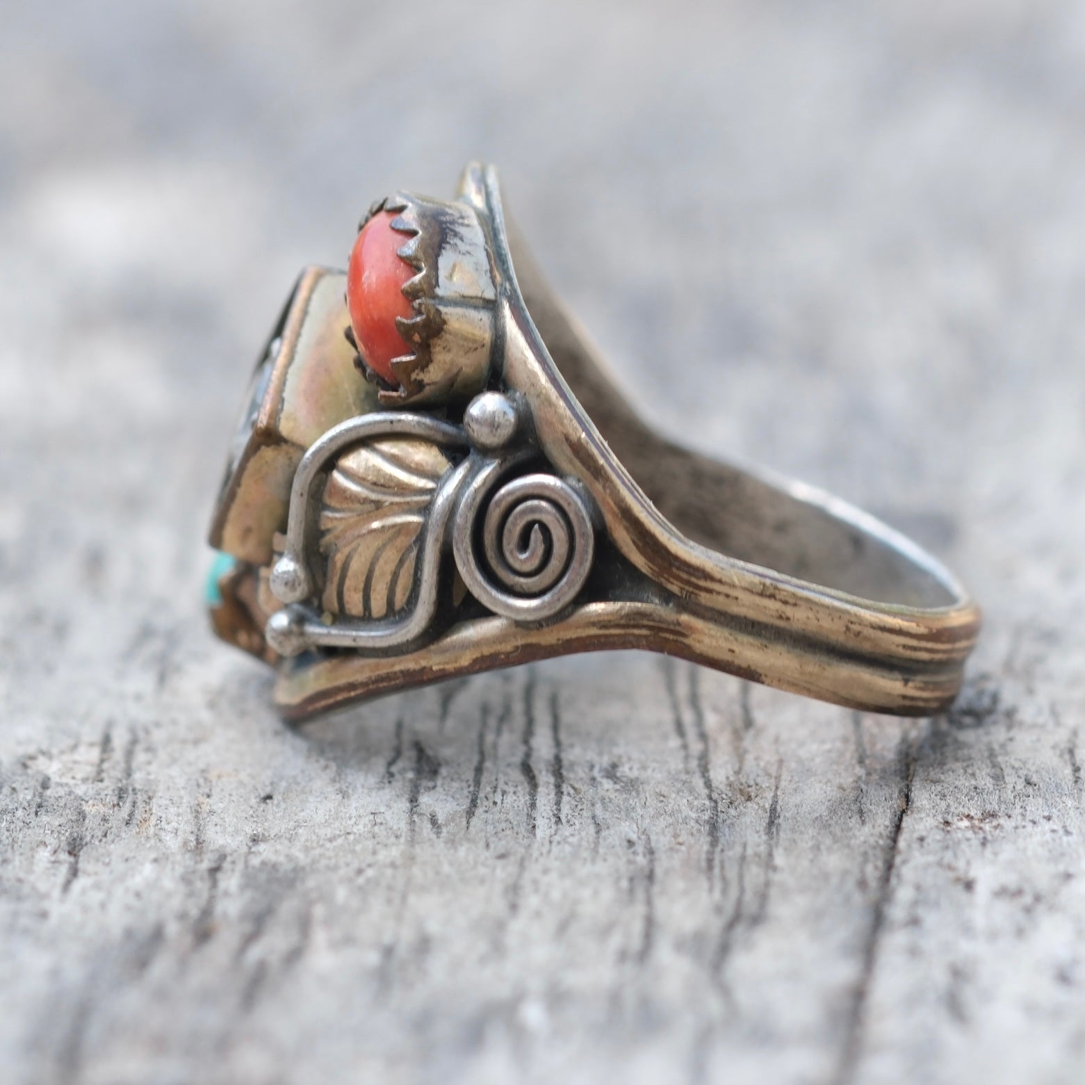 Vintage Sterling Turquoise and Coral CZ Ring 7