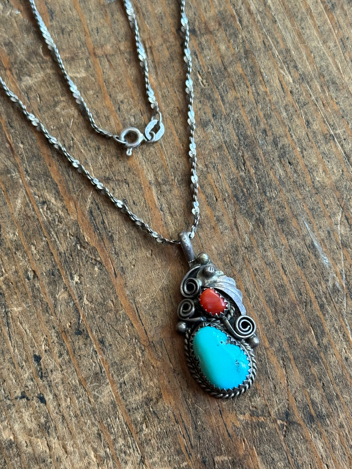 Vintage Sterling Silver Coral & Turquoise Fan Necklace