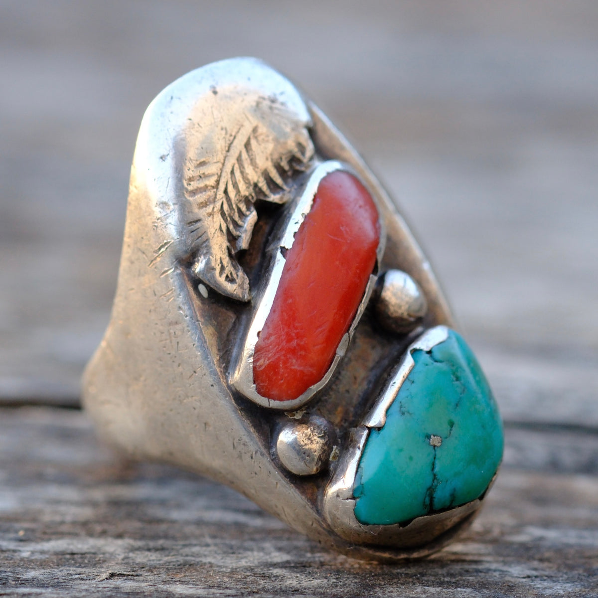 Vintage Sterling Turquoise and Coral Ring 10