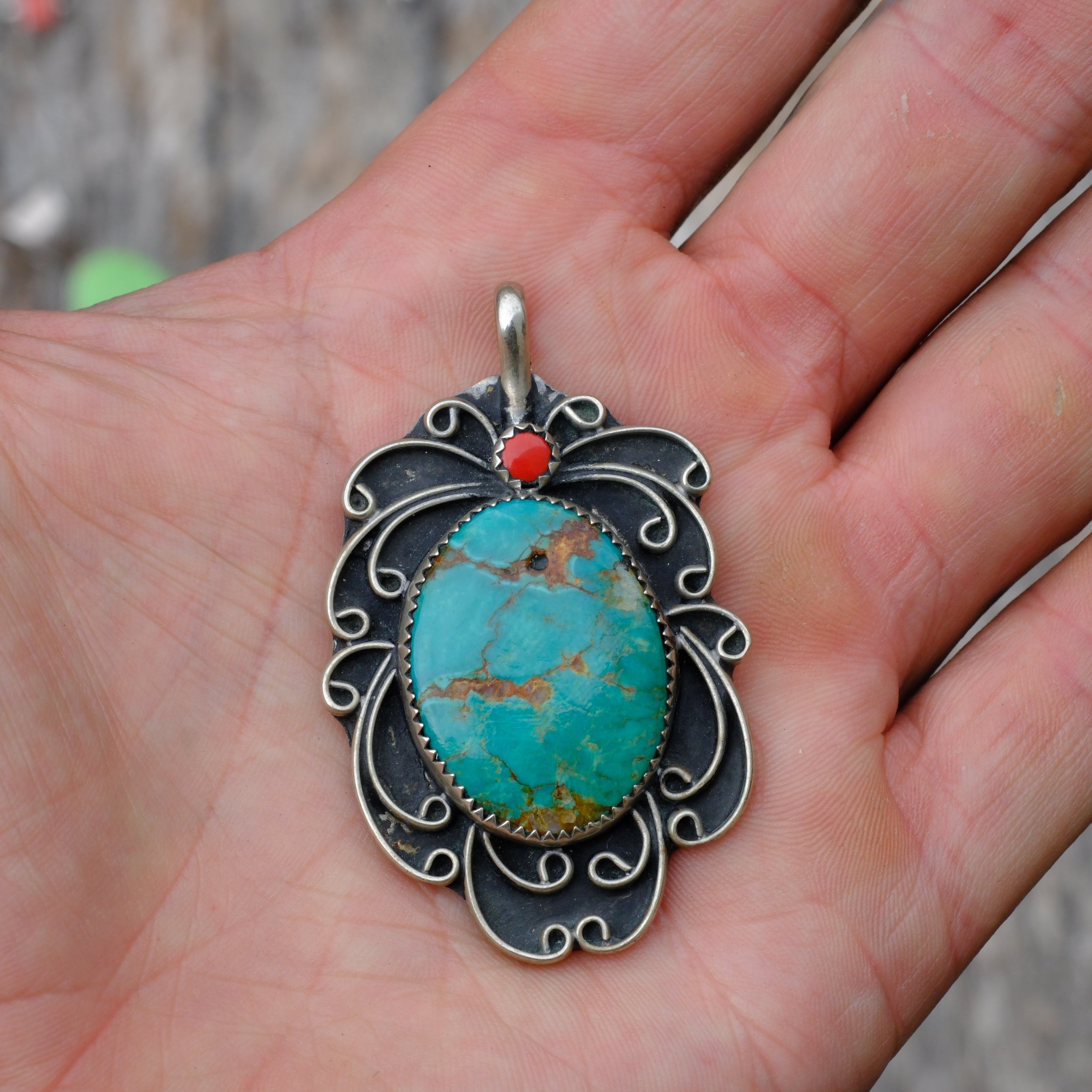 Huge Vintage Sterling Turquoise and Coral Pendant
