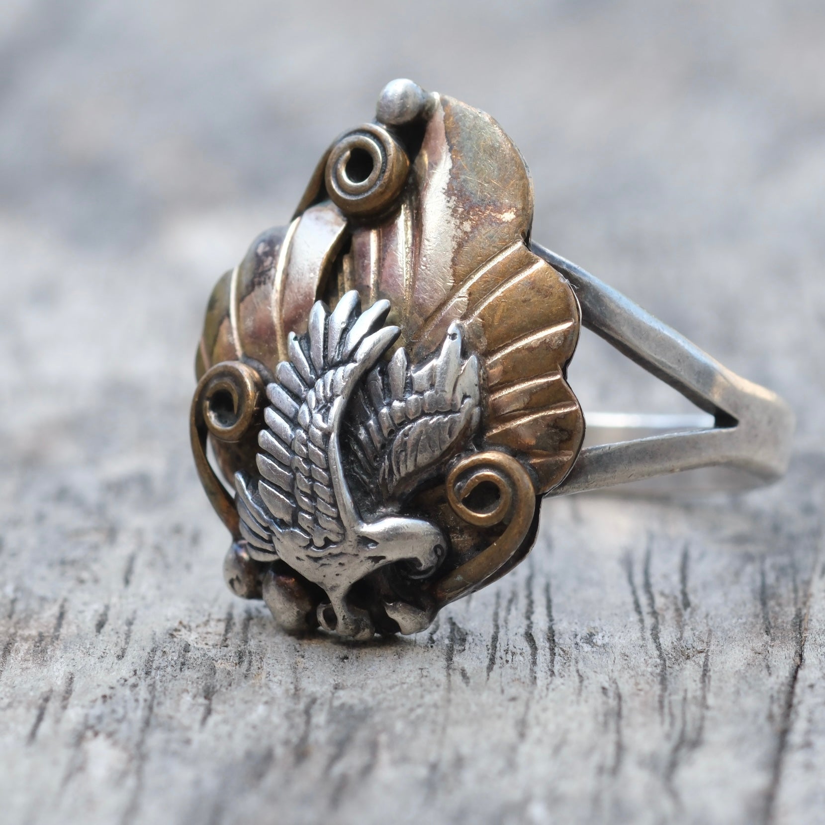 Vintage Sterling and Copper Eagle Ring 9.25