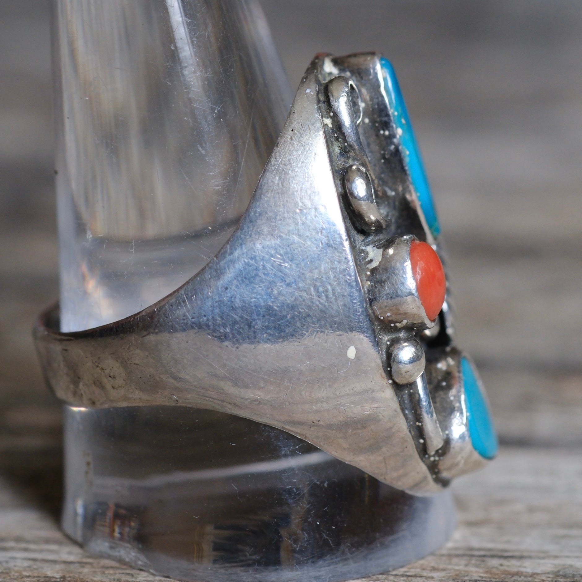 Vintage Sterling Turquoise and Coral Feather Ring 12