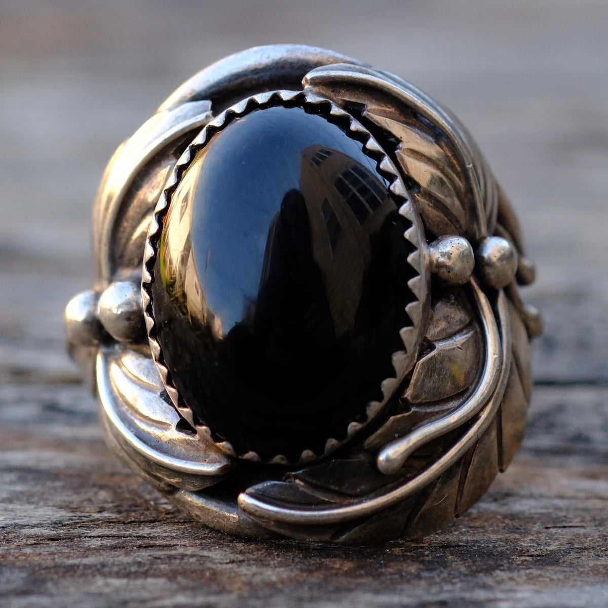 Vintage Sterling Onyx Feather Ring 8.75