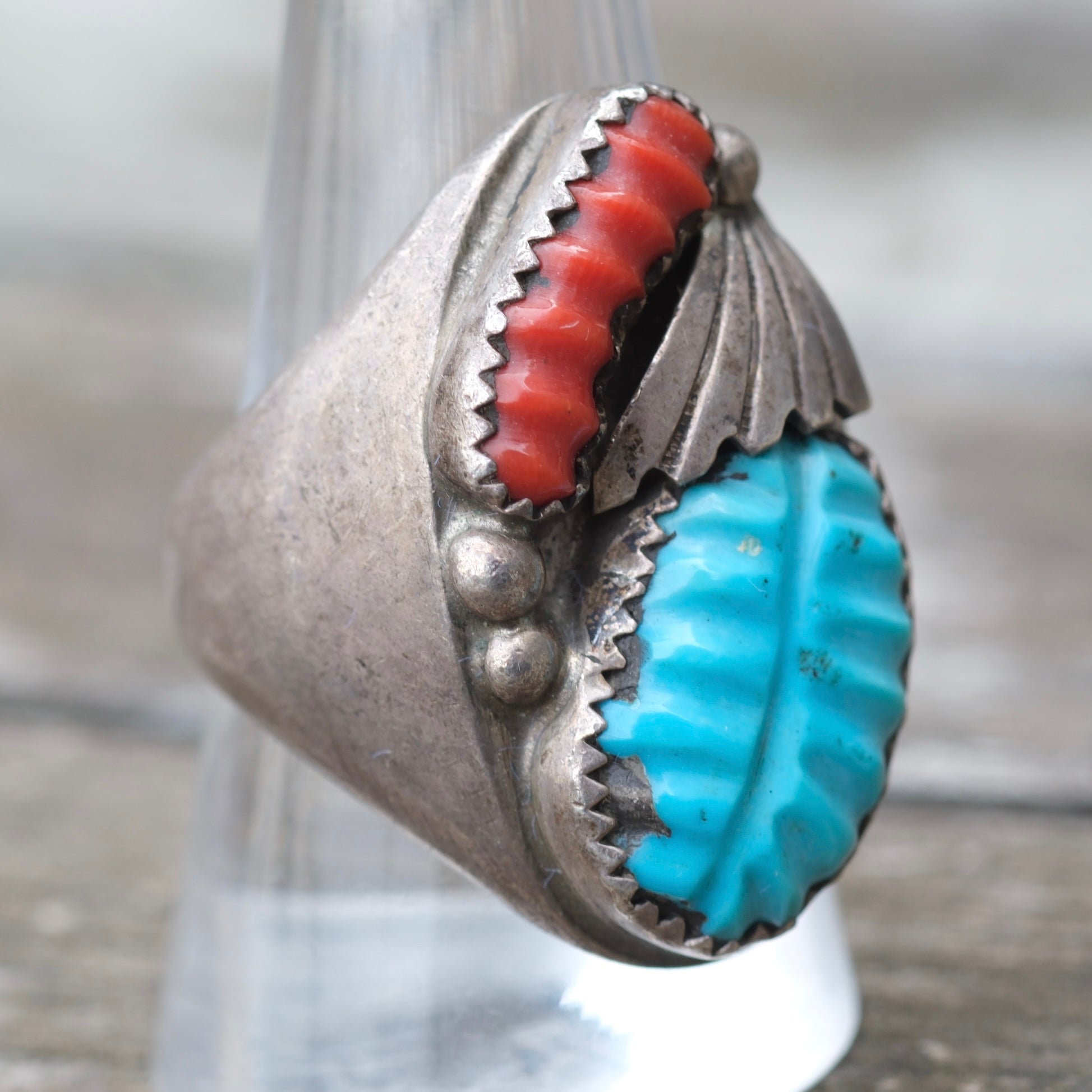 Vintage Sterling Faceted Turquoise and Coral Ring 11