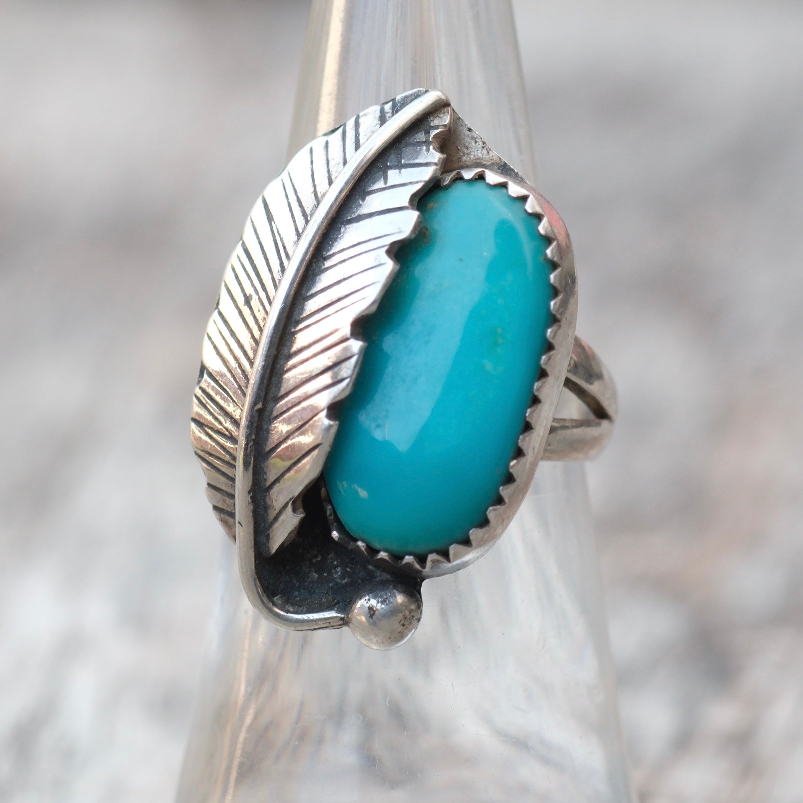 Vintage Sterling Turquoise Feather Ring 5.5