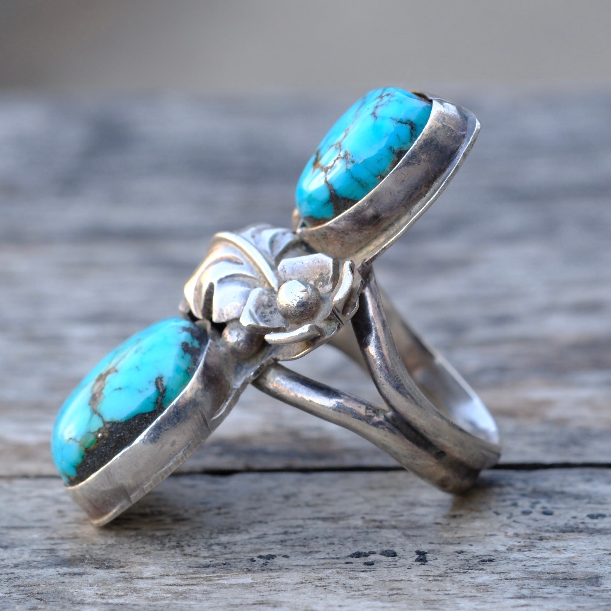 Vintage Sterling 2-Stone Turquoise Feather Ring 6.25