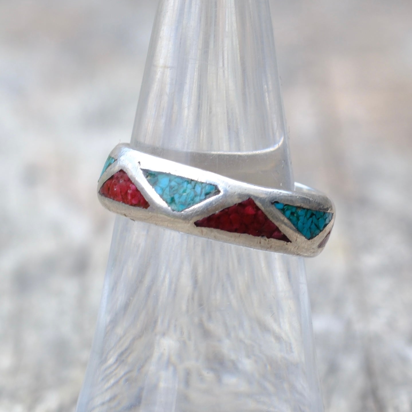 Vintage Sterling Silver Crushed Turquoise & Coral Inlay Band 6.5