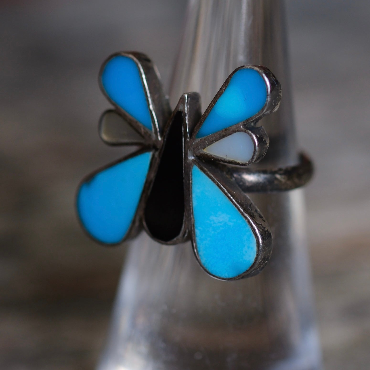 Vintage Sterling Turquoise MOP and Onyx Inlay Butterfly Ring 5