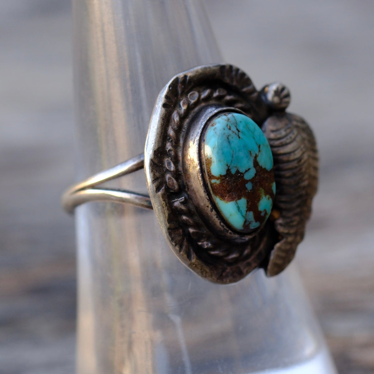 Vintage Sterling Turquoise Feather Ring 8