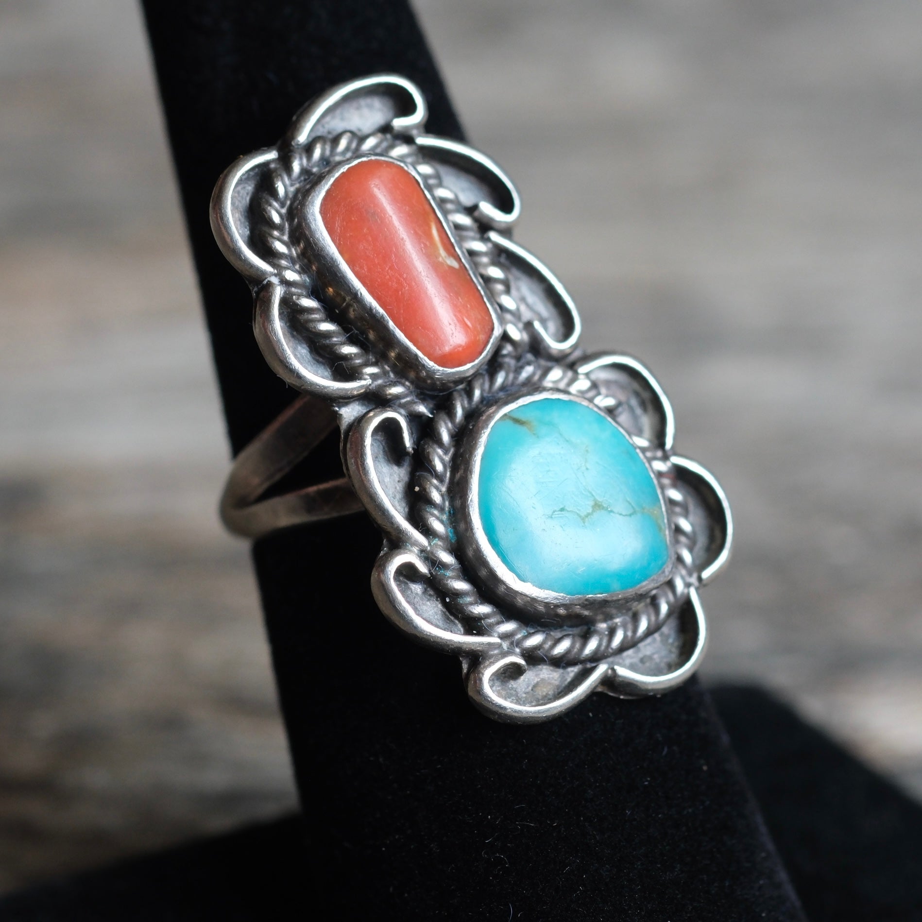 Vintage Sterling Turquoise and Coral Ring 6.25