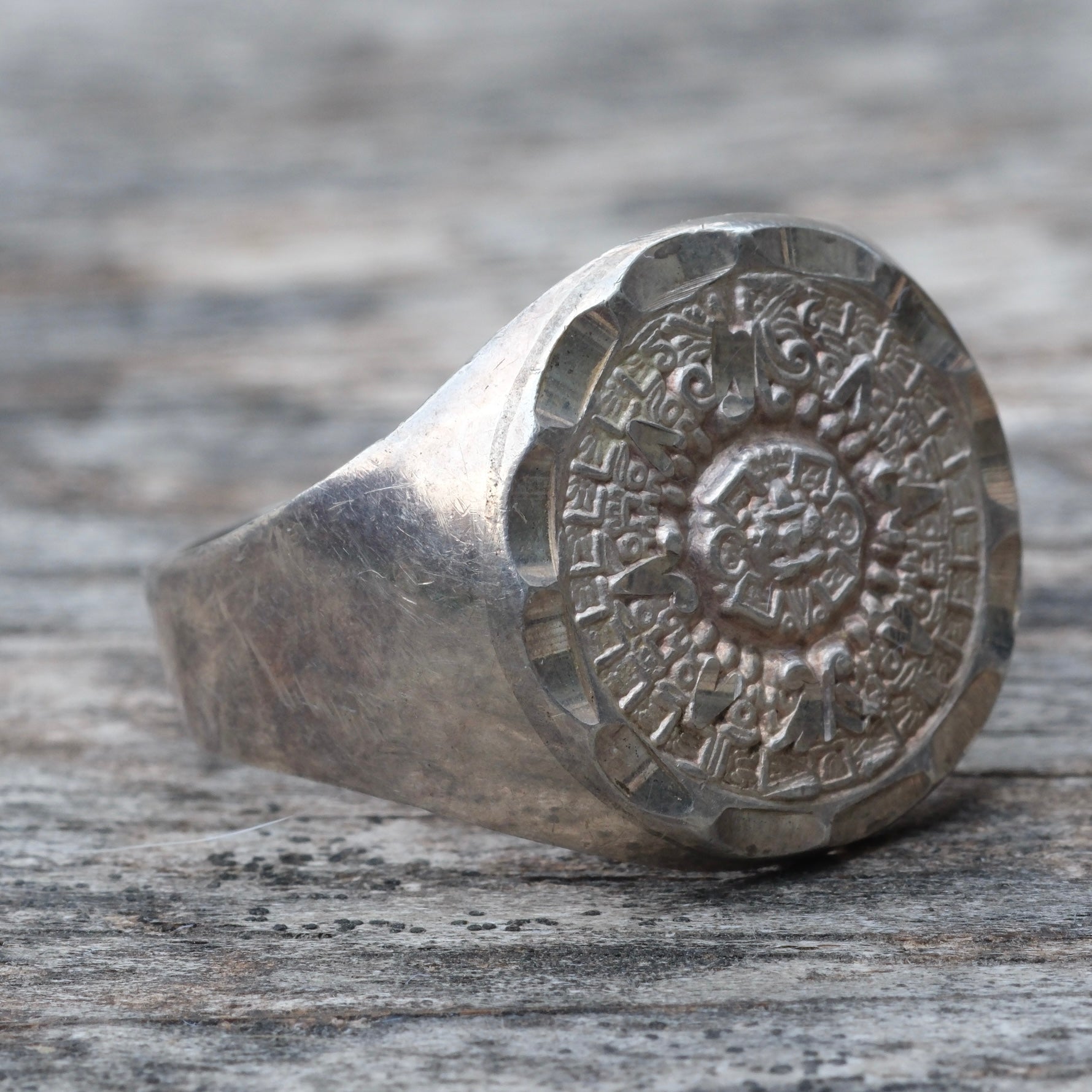 Vintage Sterling Aztec Calendar Ring 10.75