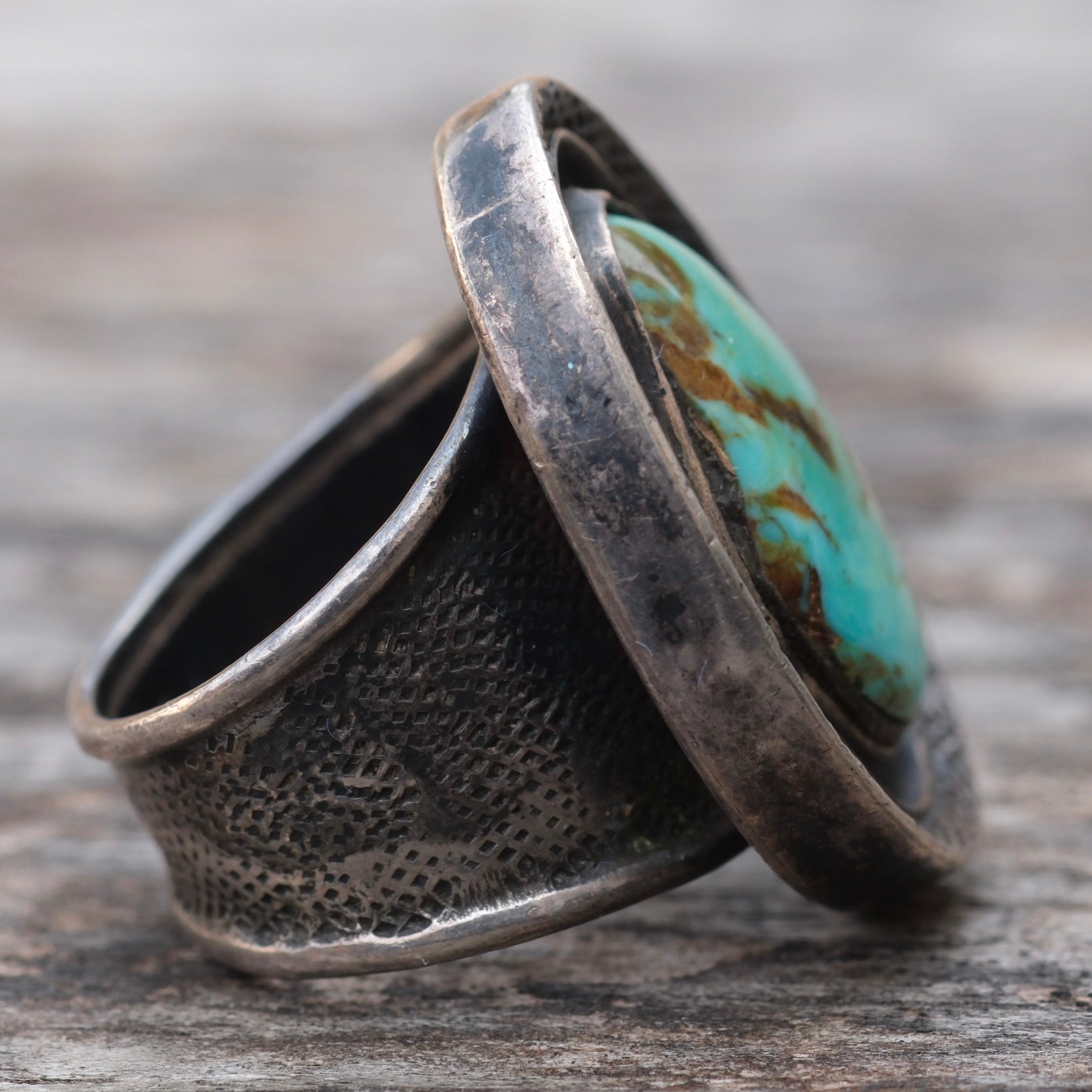 Vintage Sterling Turquoise Textured Band Ring 6