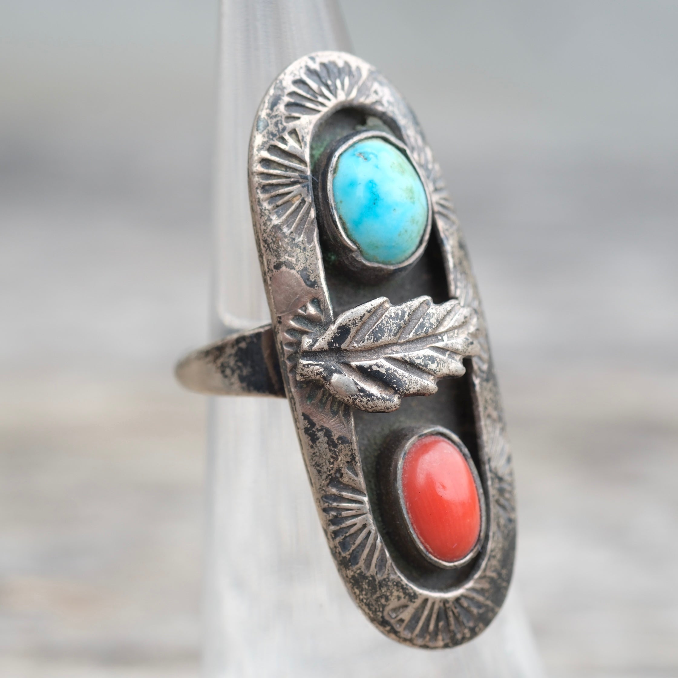 Vintage Sterling Turquoise and Coral Feather Ring 4