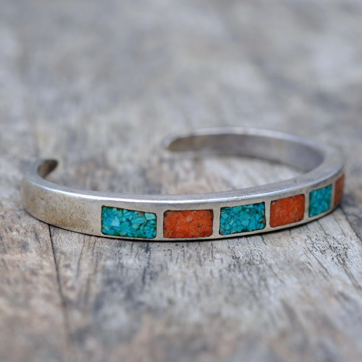Vintage Sterling Crushed Turquoise and Coral Cuff Bracelet