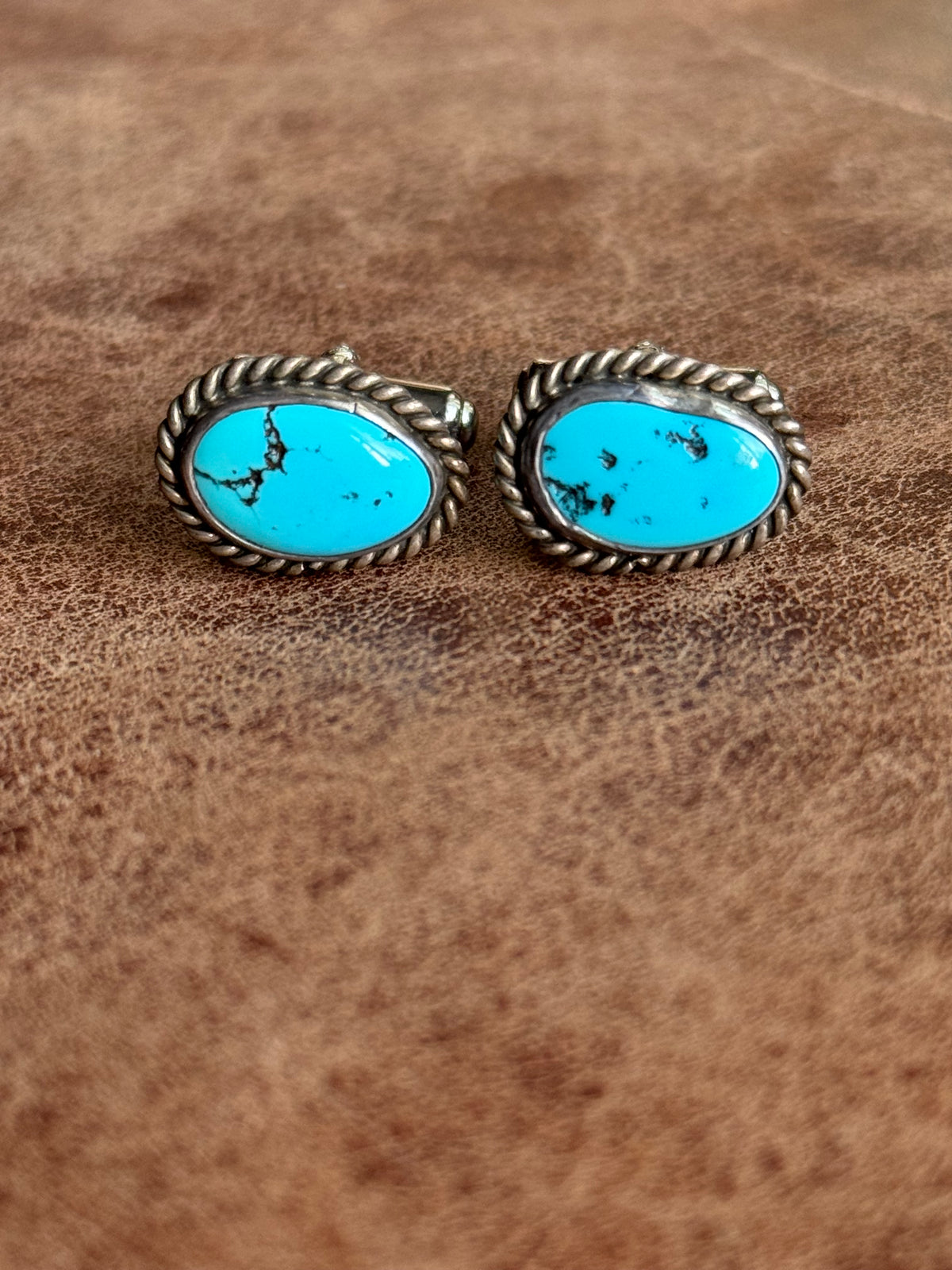 Vintage Sterling Silver Roped Turquoise Cufflinks