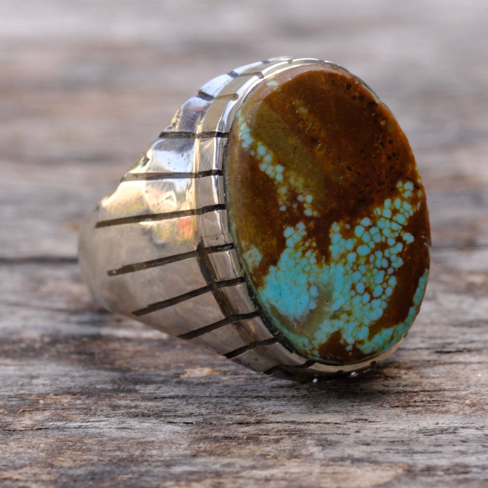 Vintage Sterling Turquoise Ribbed Band Ring 8.75