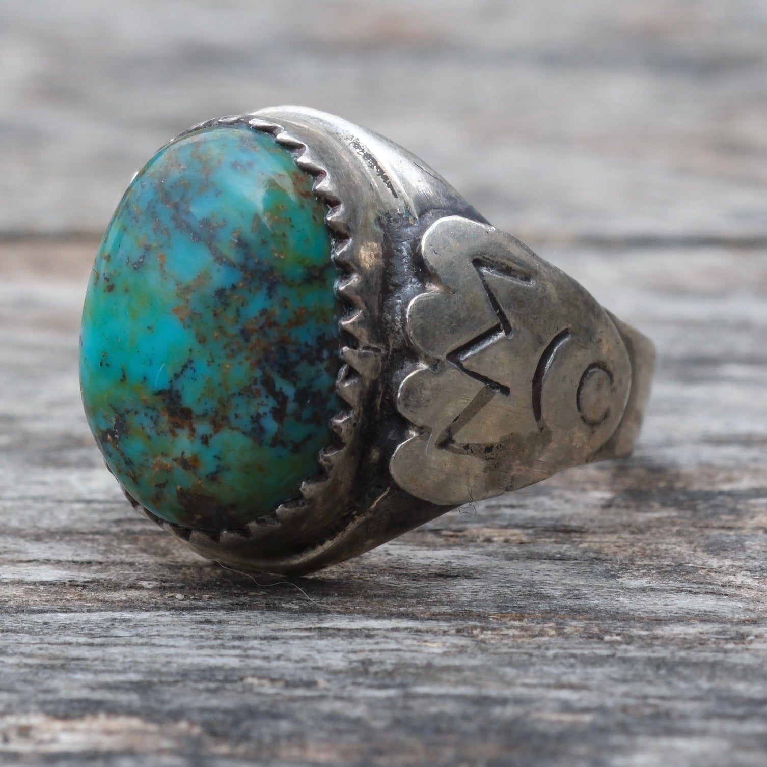 Vintage Sterling Turquoise Stamped Band Ring 7