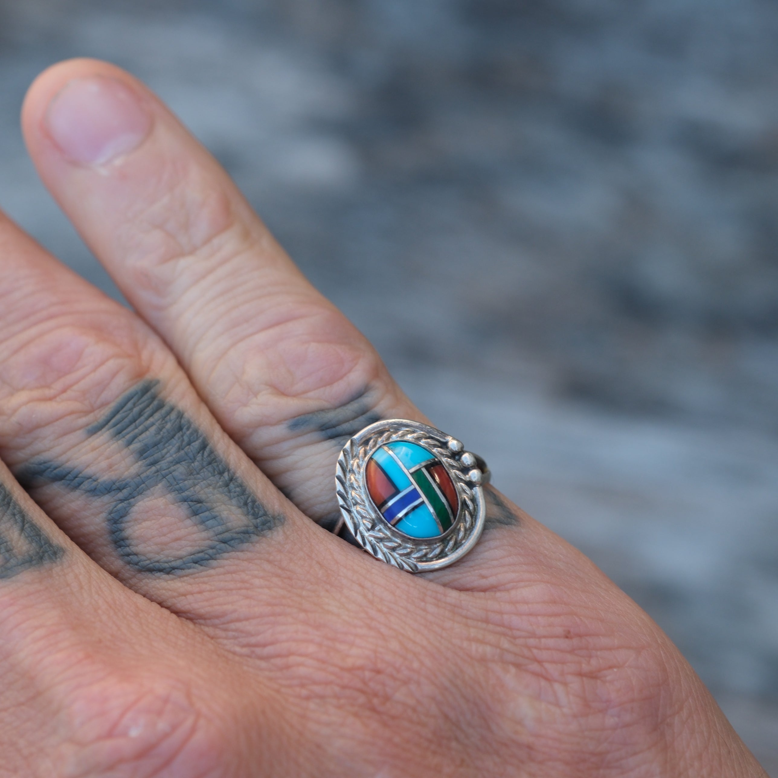 Vintage Sterling Multistone Inlay Ring 6