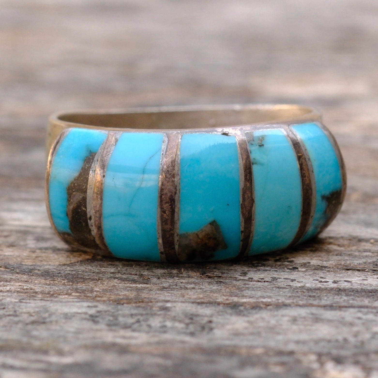 Vintage Sterling Turquoise Inlay Thick Band Ring 10.25