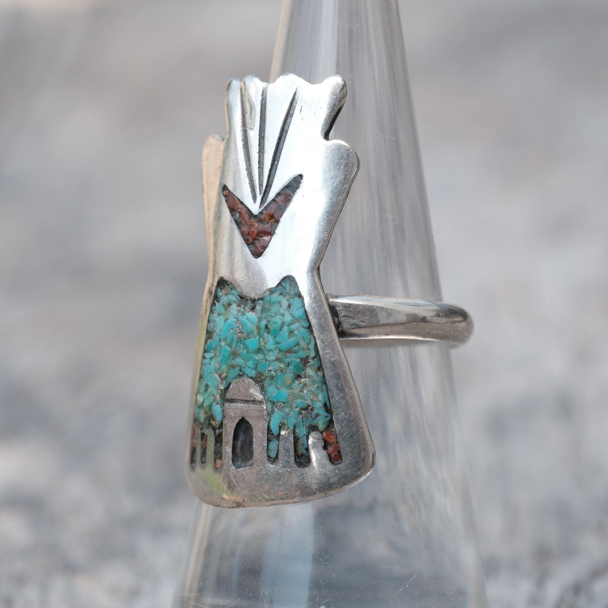 Vintage Sterling Turquoise and Coral Teepee Ring 6.75