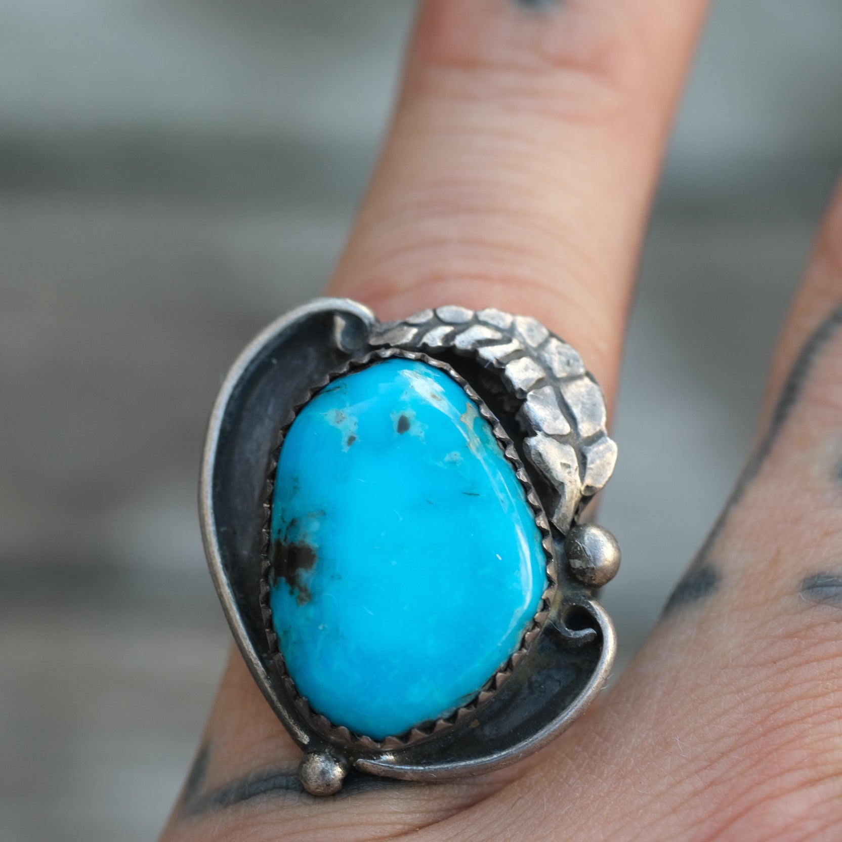 Vintage Sterling Turquoise Feather Ring 6.25