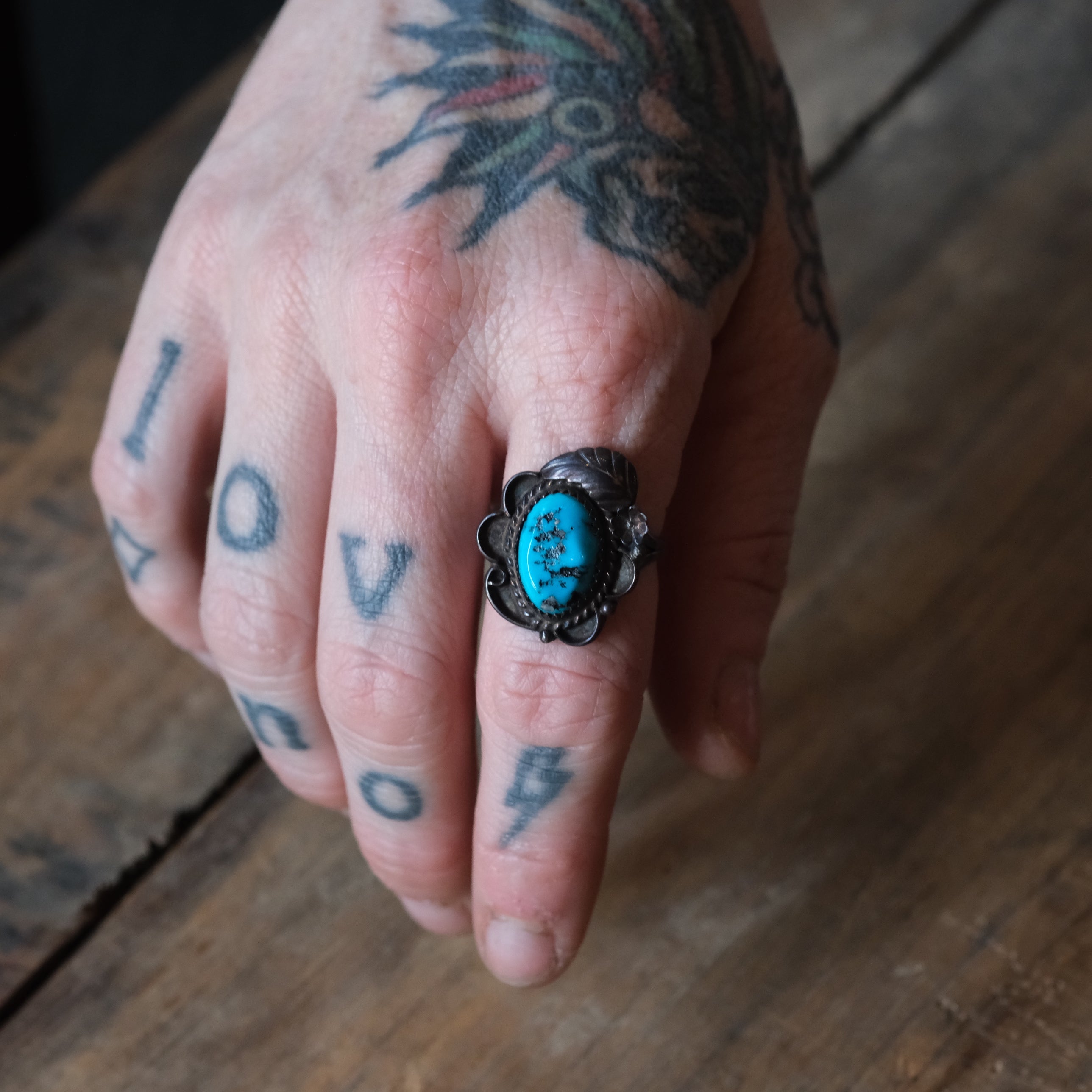 Vintage Sterling Turquoise Feather Ring 7.75