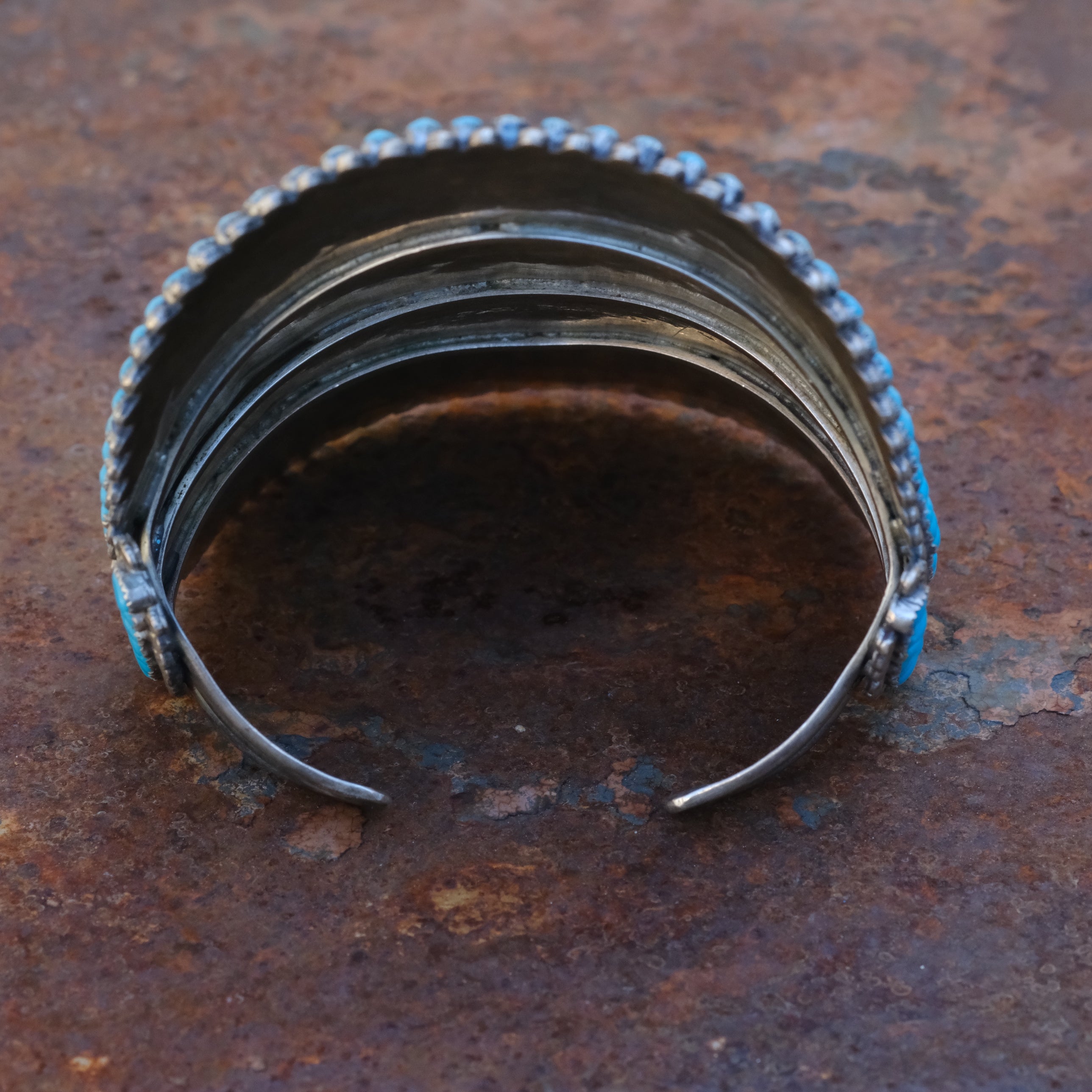 MASSIVE Vintage Sterling Turquoise Inlay Cluster Cuff Bracelet