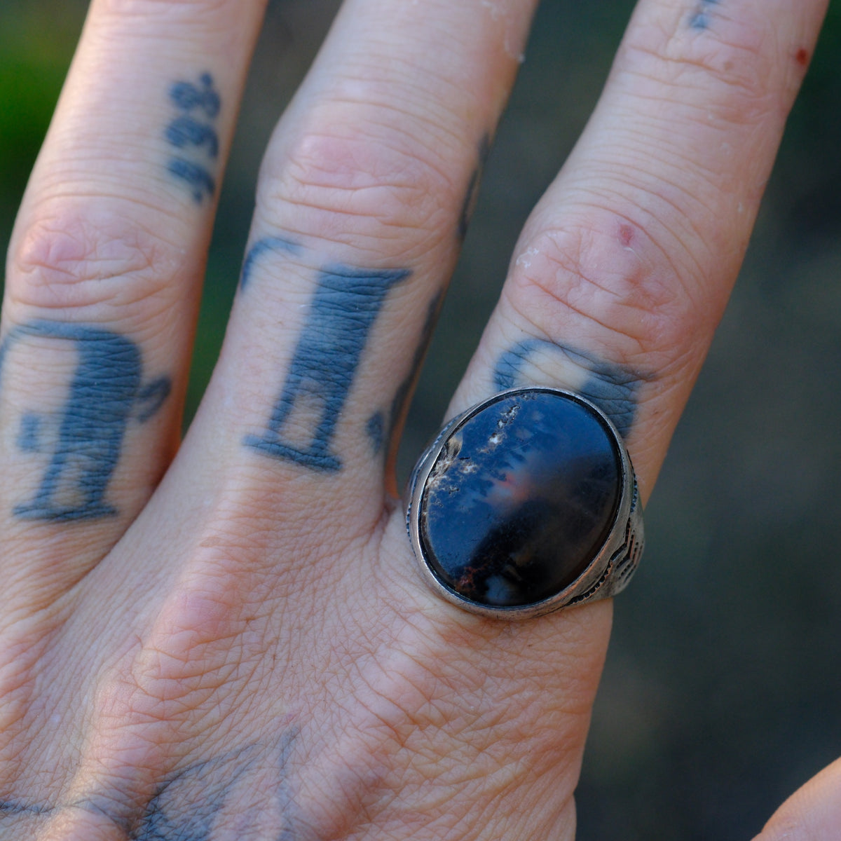 Vintage Sterling Petrified Wood Stamped Band Ring 10.5