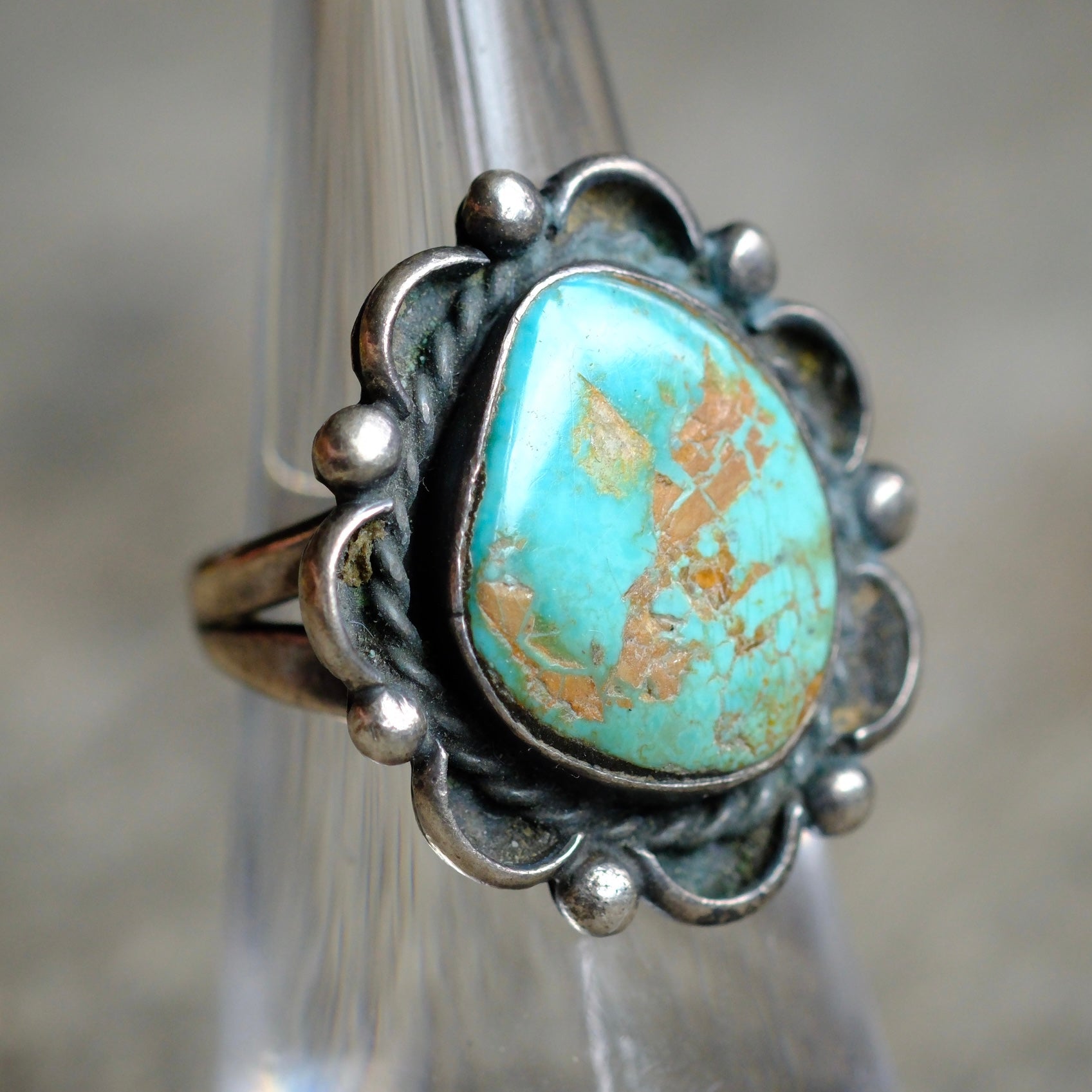 Vintage Sterling Turquoise Florette Ring 5