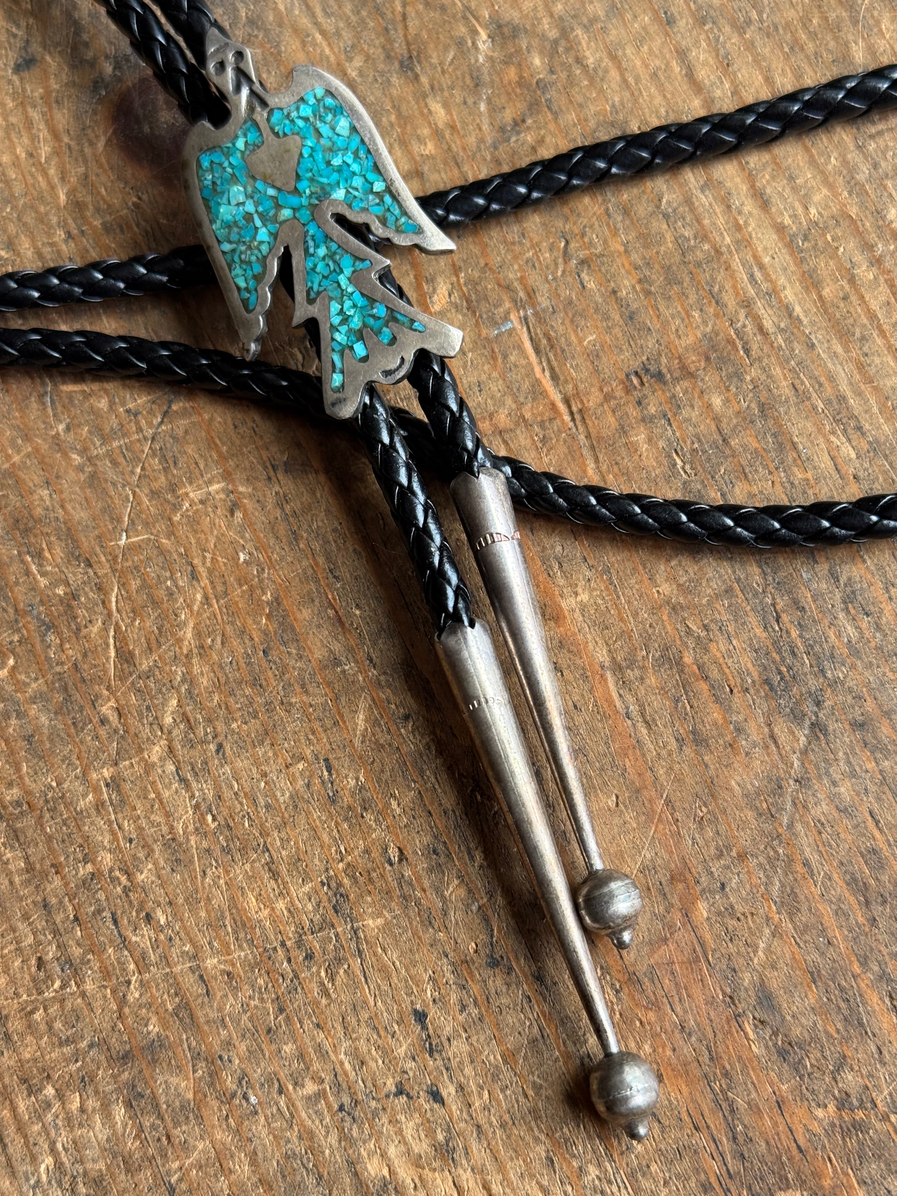 Vintage Sterling Silver Turquoise Inlay Eagle Bolo