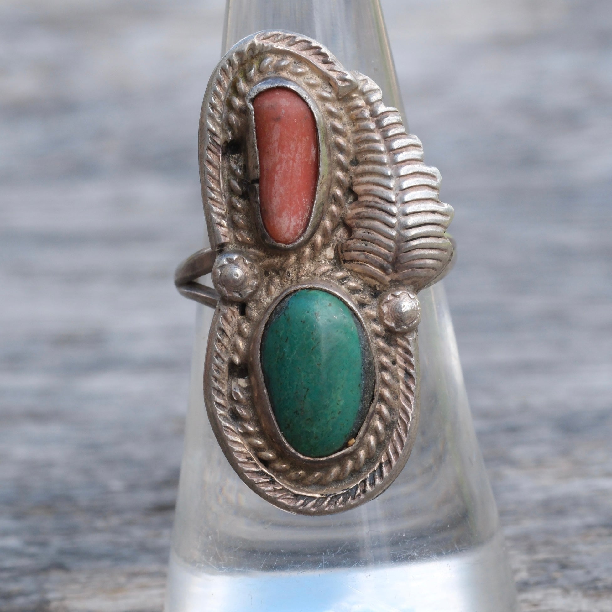 Vintage Sterling Turquoise and Coral Feather Ring 6.5