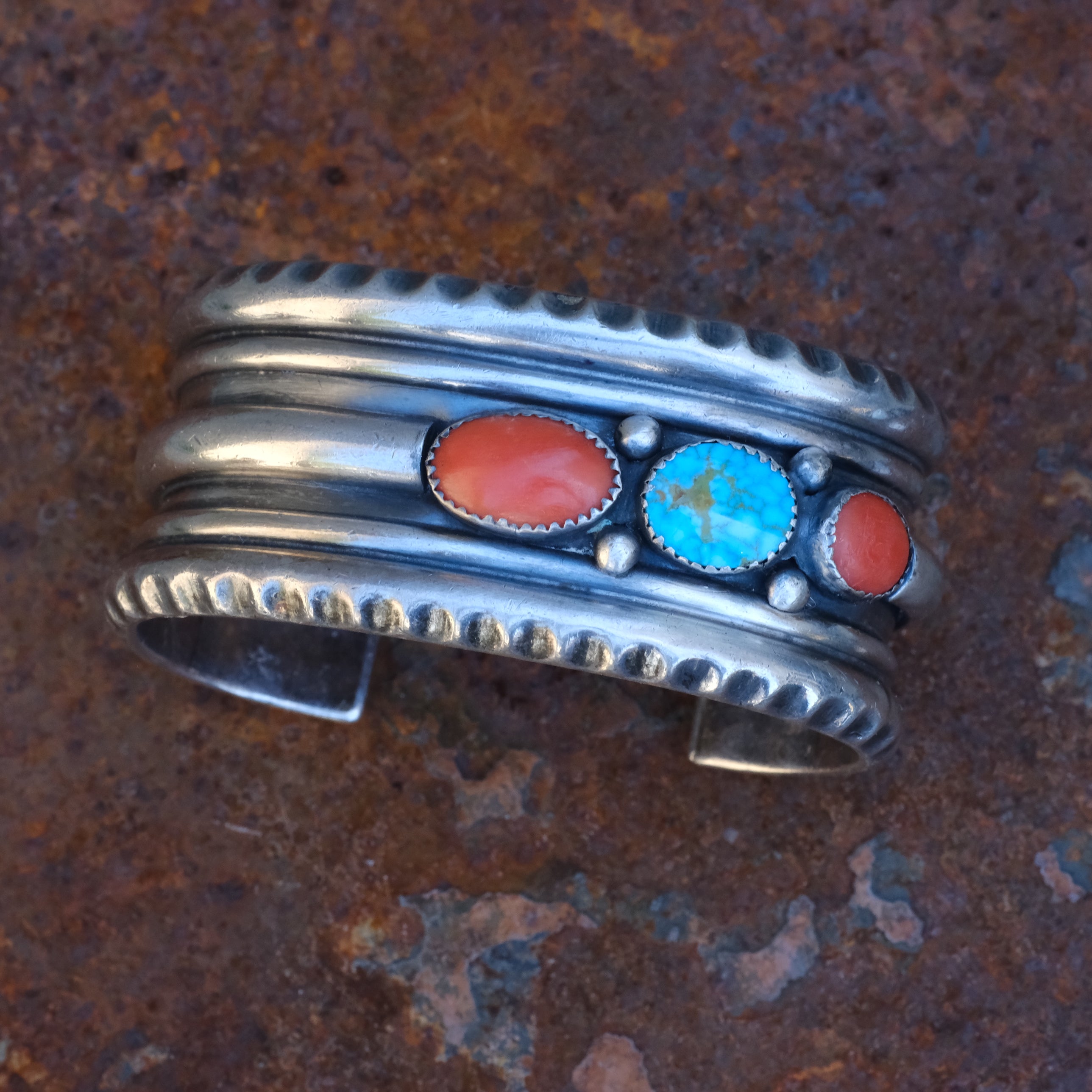 Vintage Sterling Turquoise and Coral Cuff Bracelet