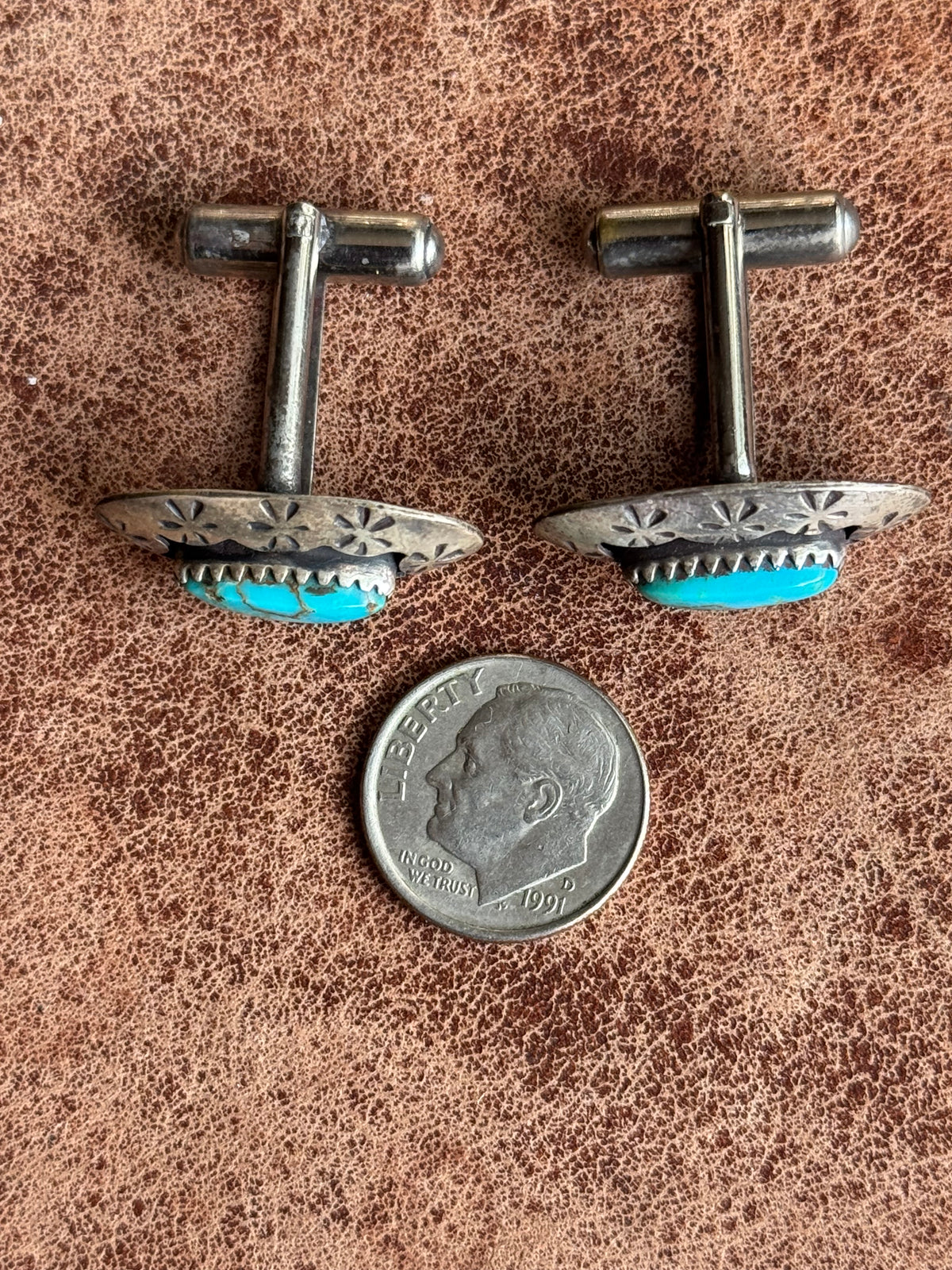 Vintage Sterling Silver Stamped Turquoise Shadowbox Cufflinks