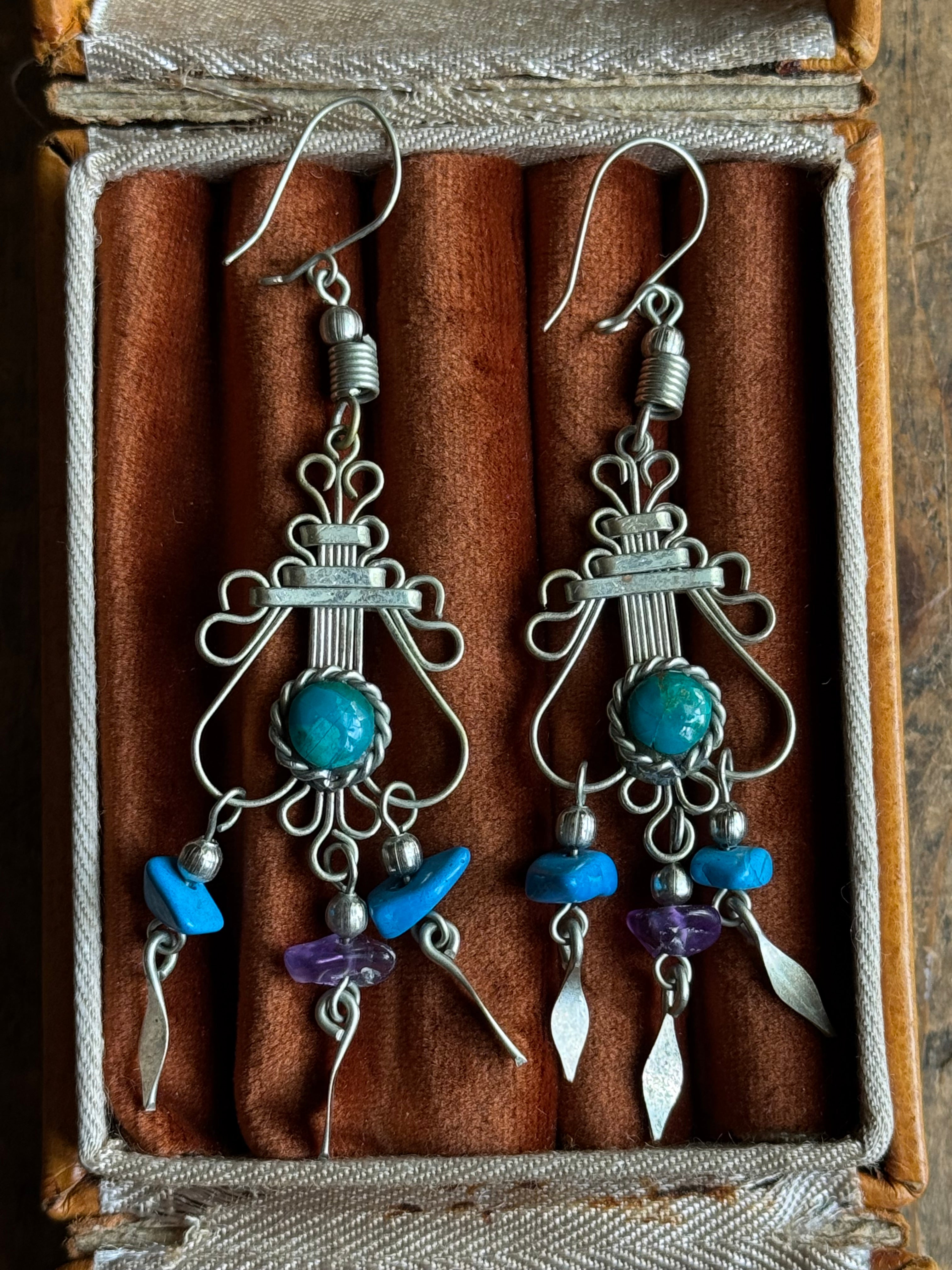Vintage Sterling Silver Turquoise & Amethyst Chandelier Earrings