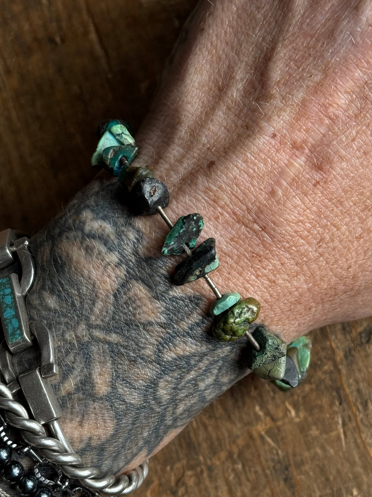 Vintage Sterling Silver Raw Turquoise Beaded Bracelet