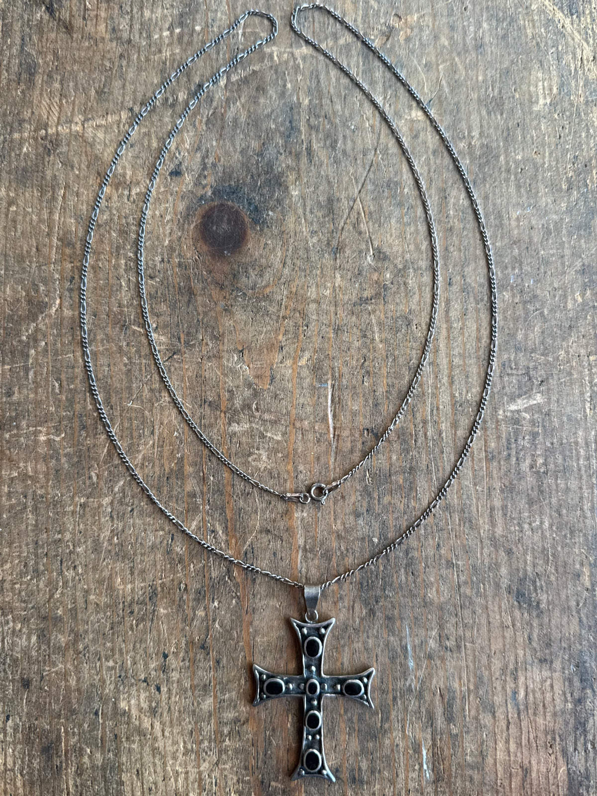 Vintage Sterling Silver Onyx Inlay Cross Necklace