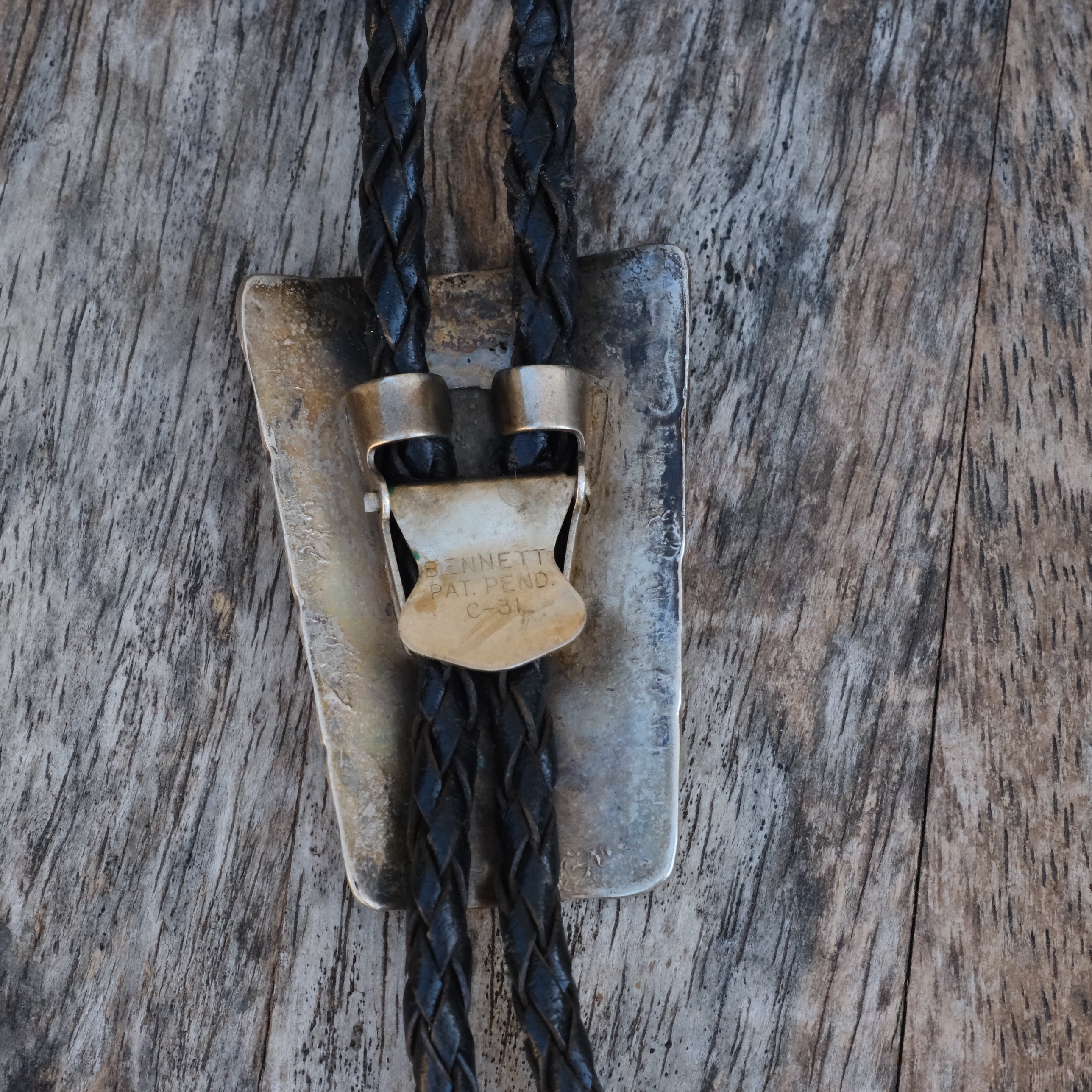 Vintage Sterling Turquoise Inlay Stamped Bolo Tie