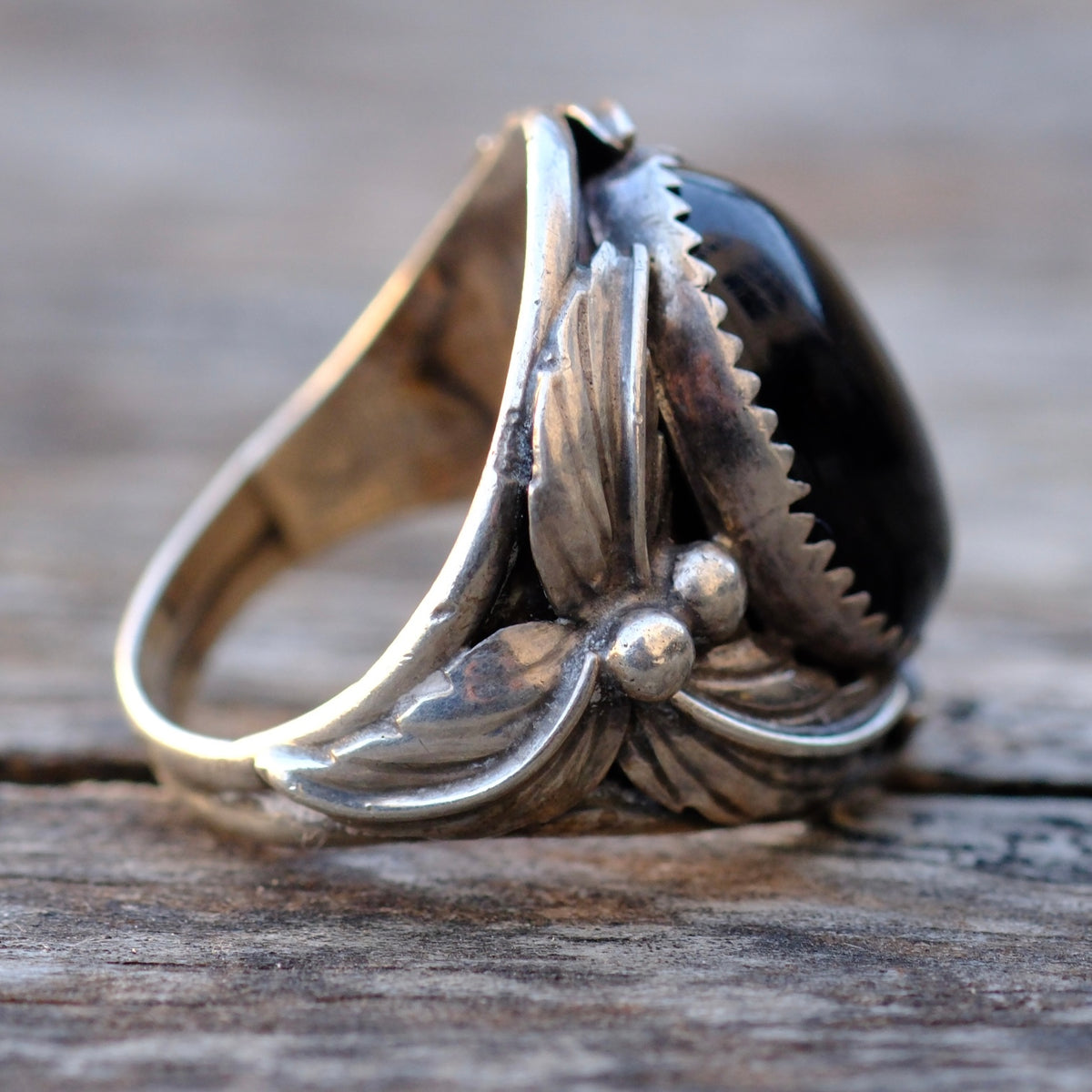 Vintage Sterling Onyx Feather Ring 8.75