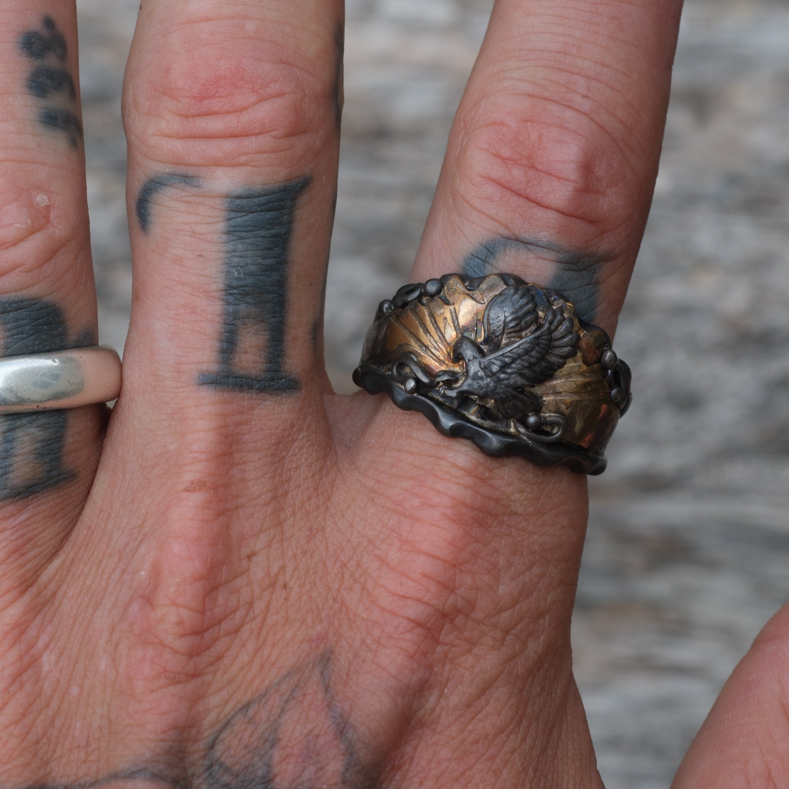 Vintage Sterling and Copper Eagle Ring 14