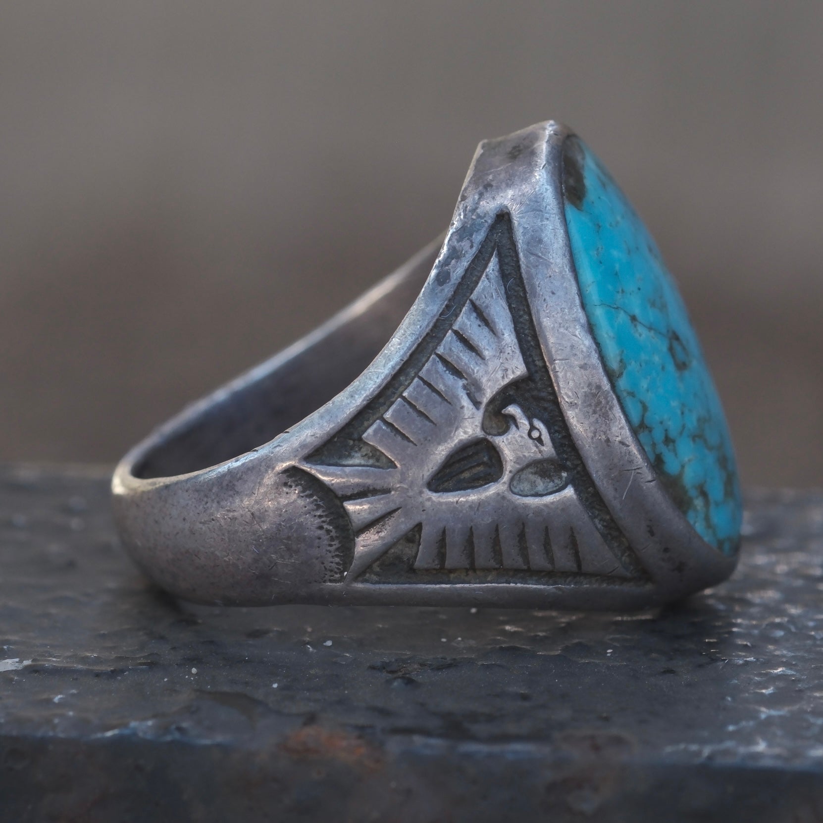 Vintage Sterling Turquoise Thunderbird Ring 8.75