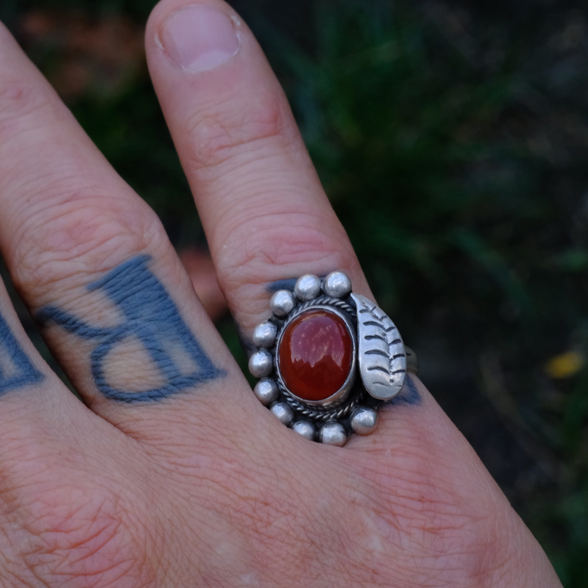Vintage Sterling Red Glass Feather Ring 6.75