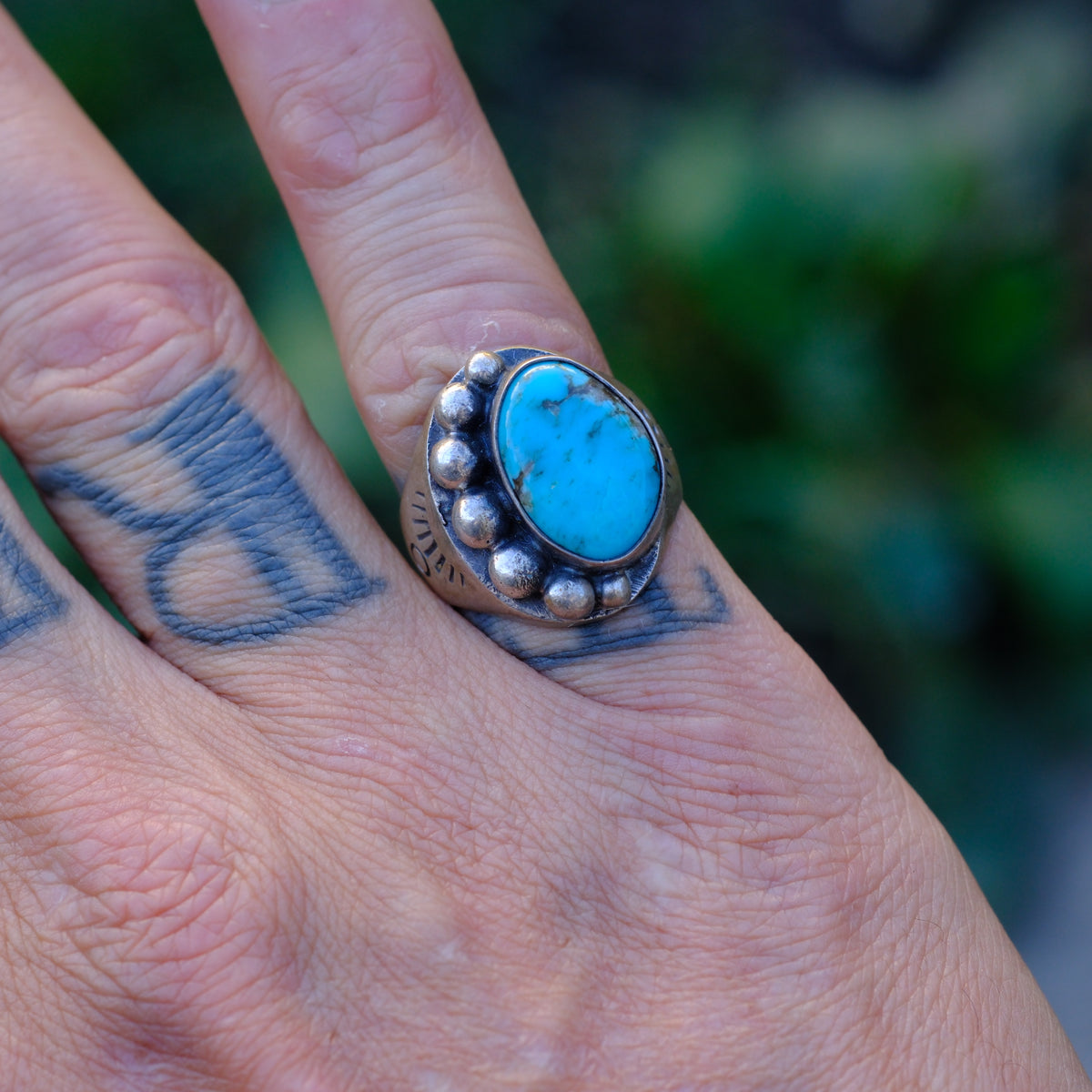 Vintage Sterling Turquoise Stamped Band Ring 7